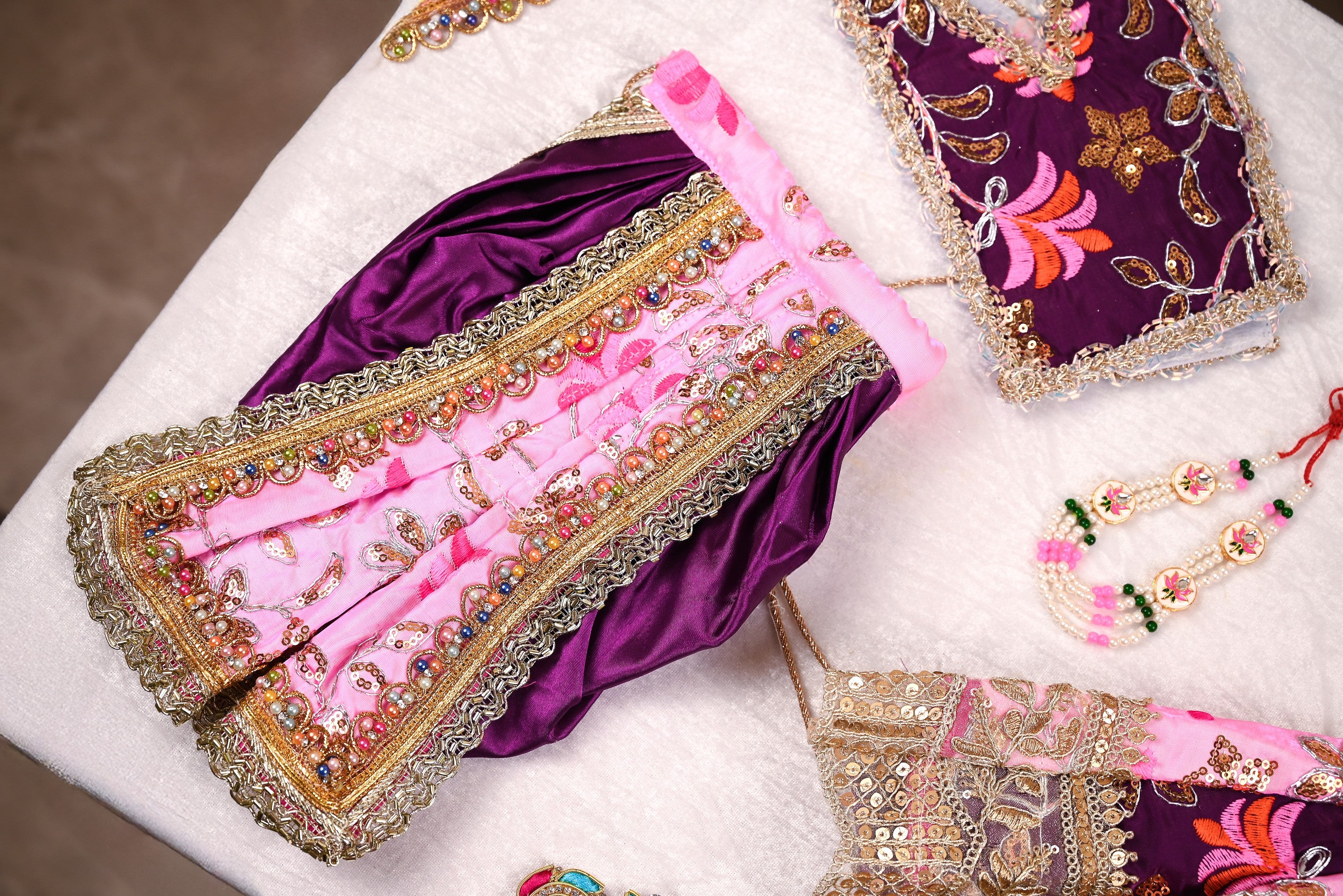 Radha Krishna Poshak | Purple, Pink & Golden Silk