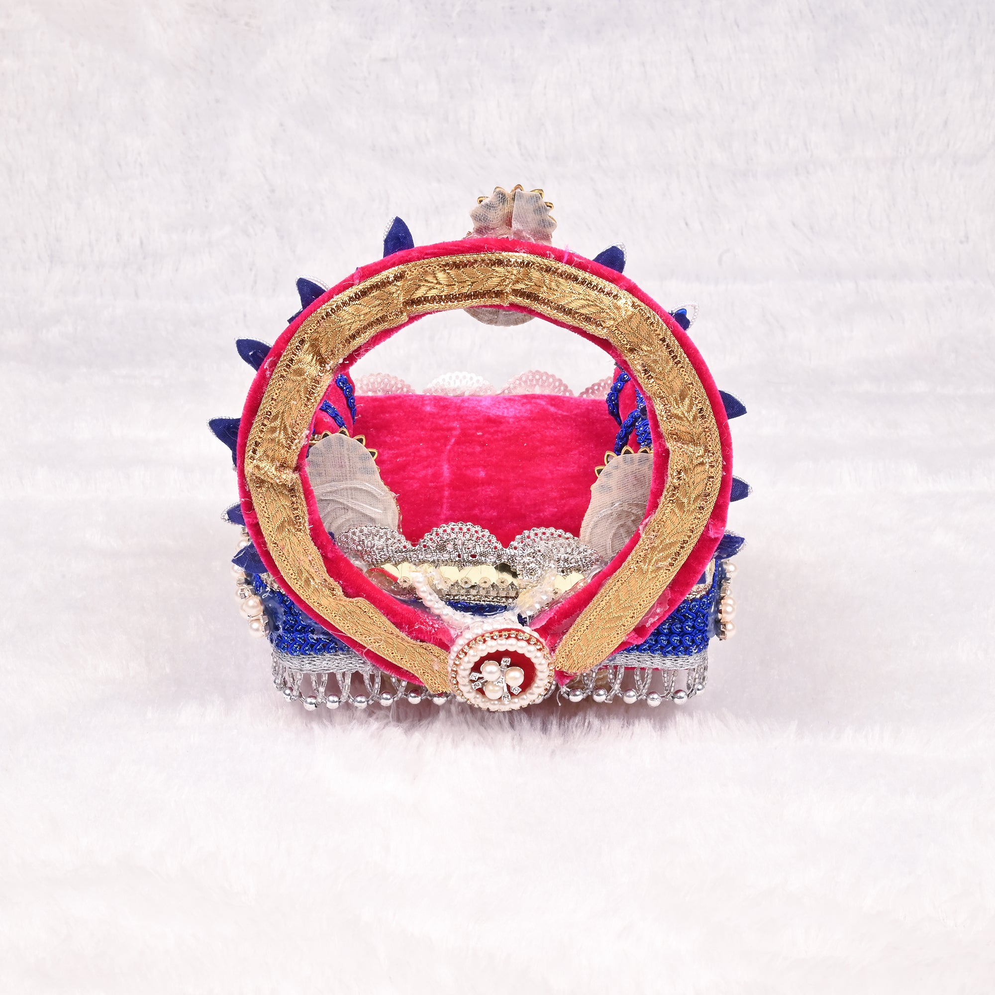 Laddu Gopal Singhasan Red and Blue Velvet Design with Radha Krishna Arch