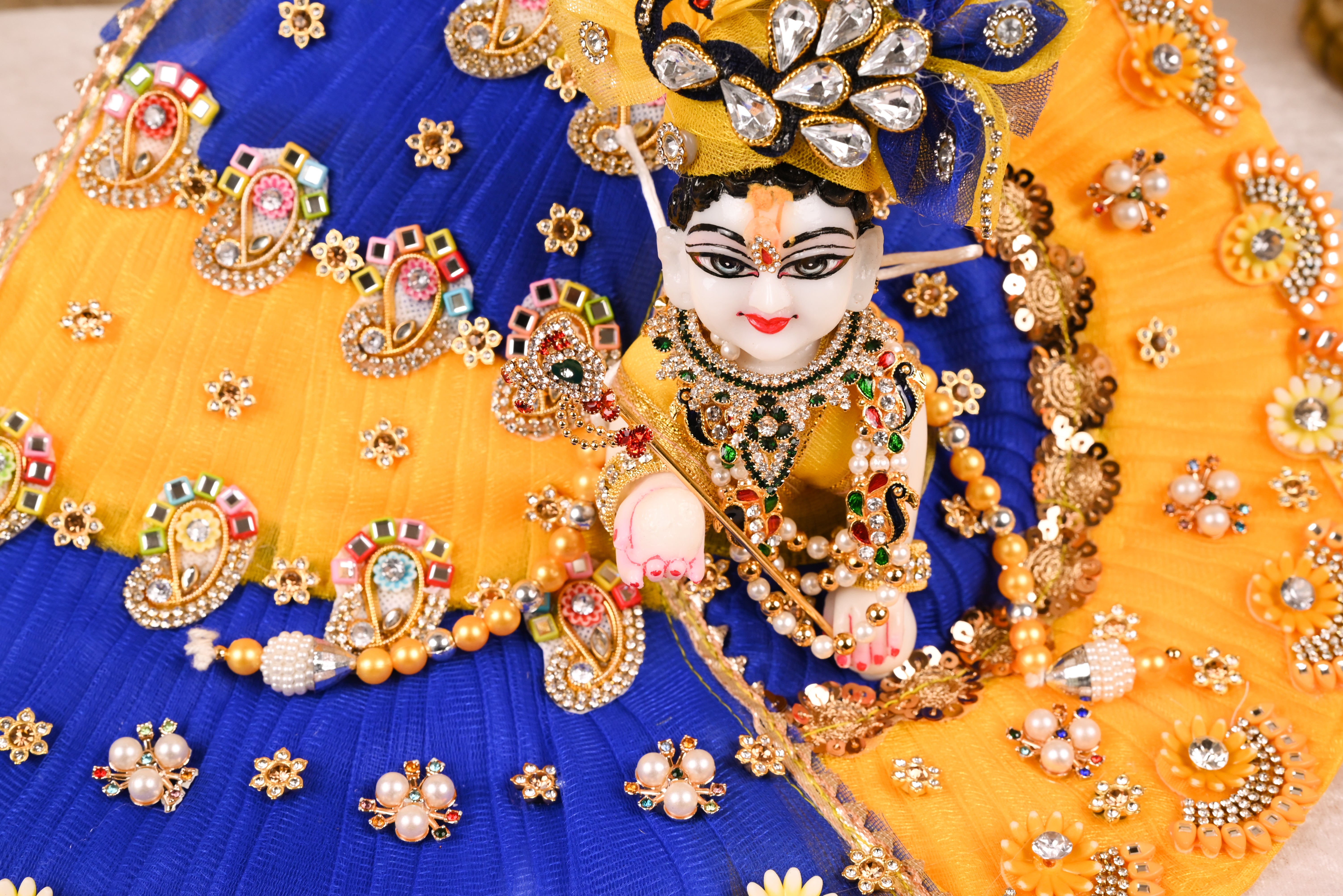 Yellow & Blue Patka Style Kundan Net Laddu Gopal Poshak