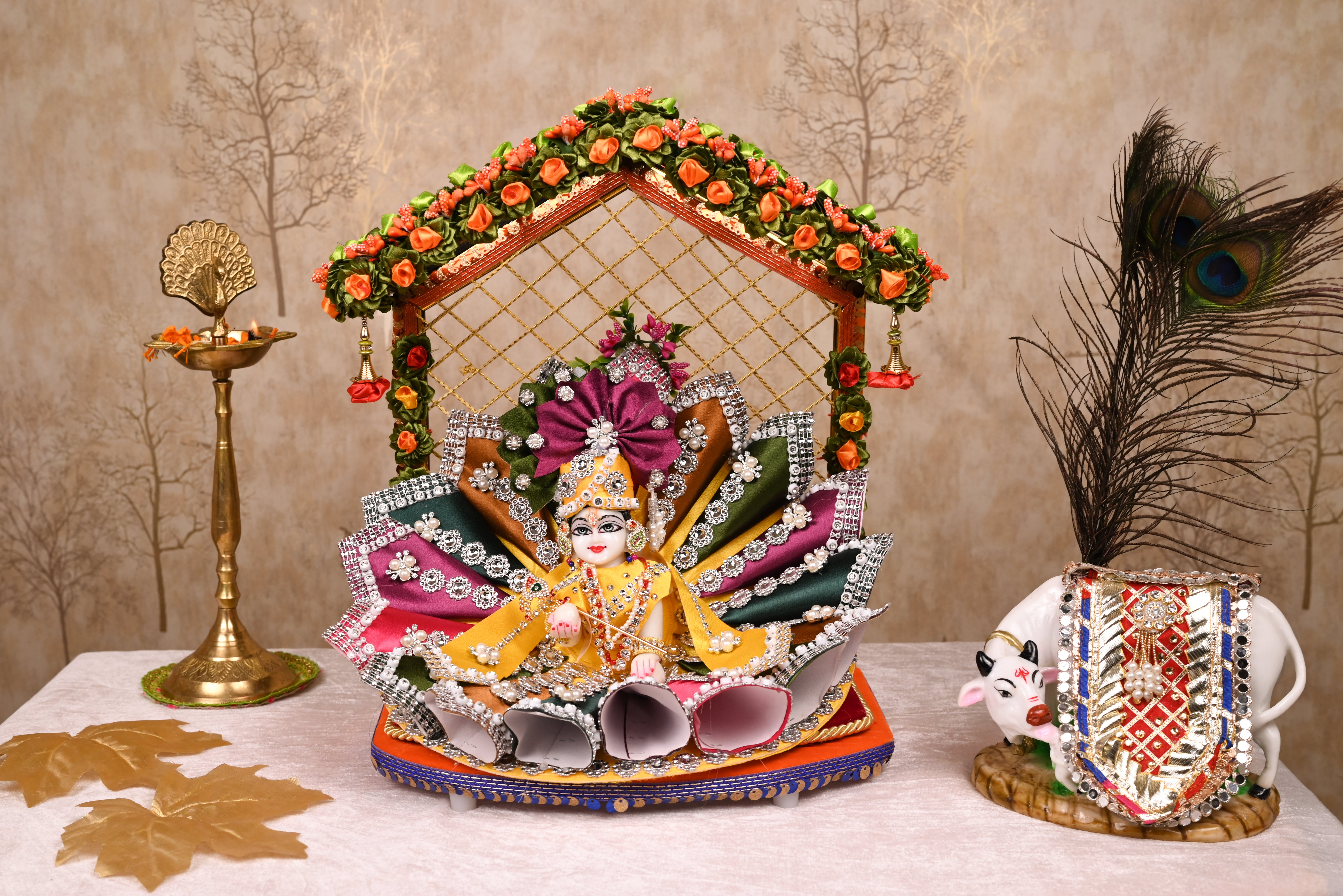 Multi-Colour Cone Style Silk Kundan Laddu Gopal Poshak