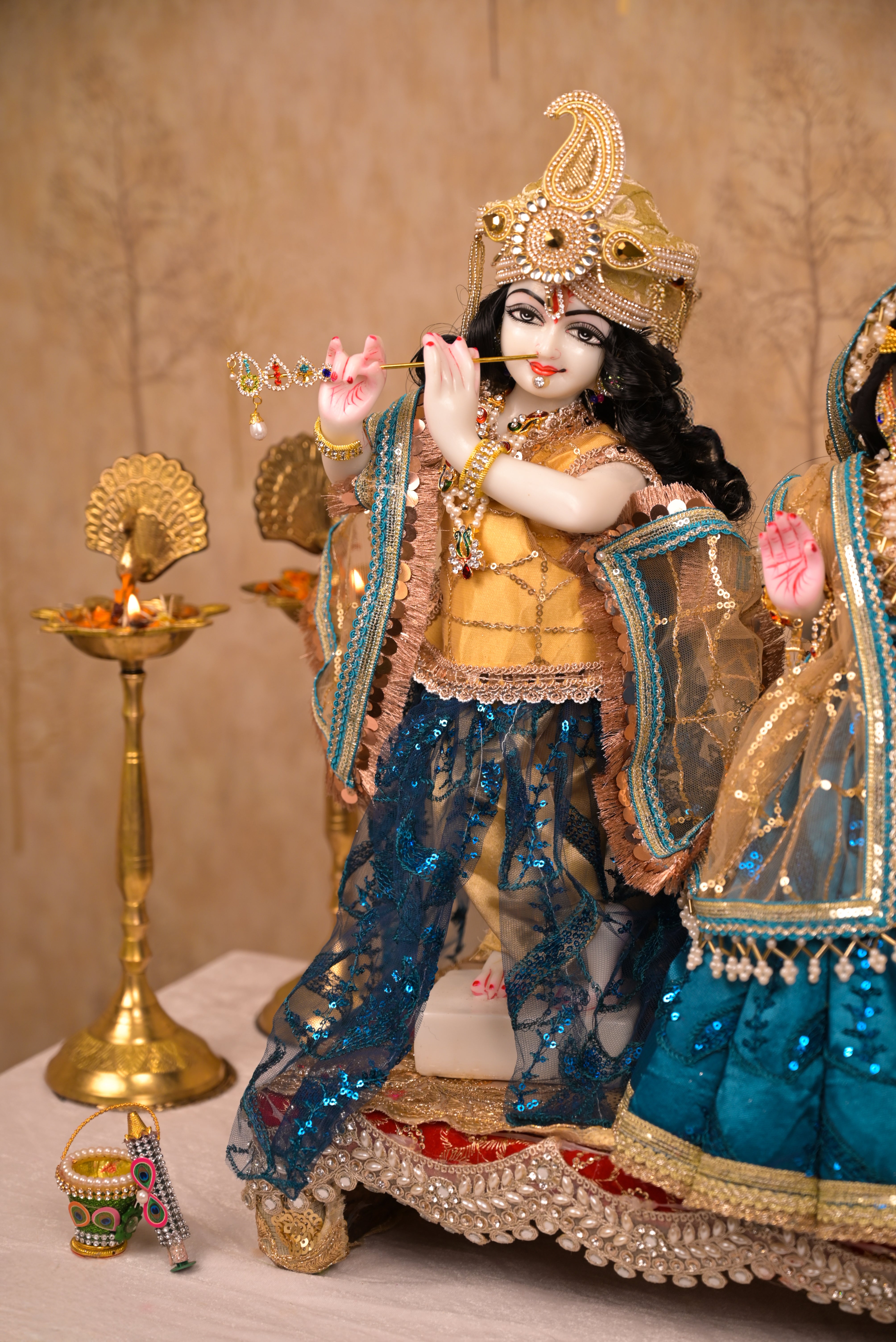 Radha Krishna Poshak | Golden & Dark Blue Net