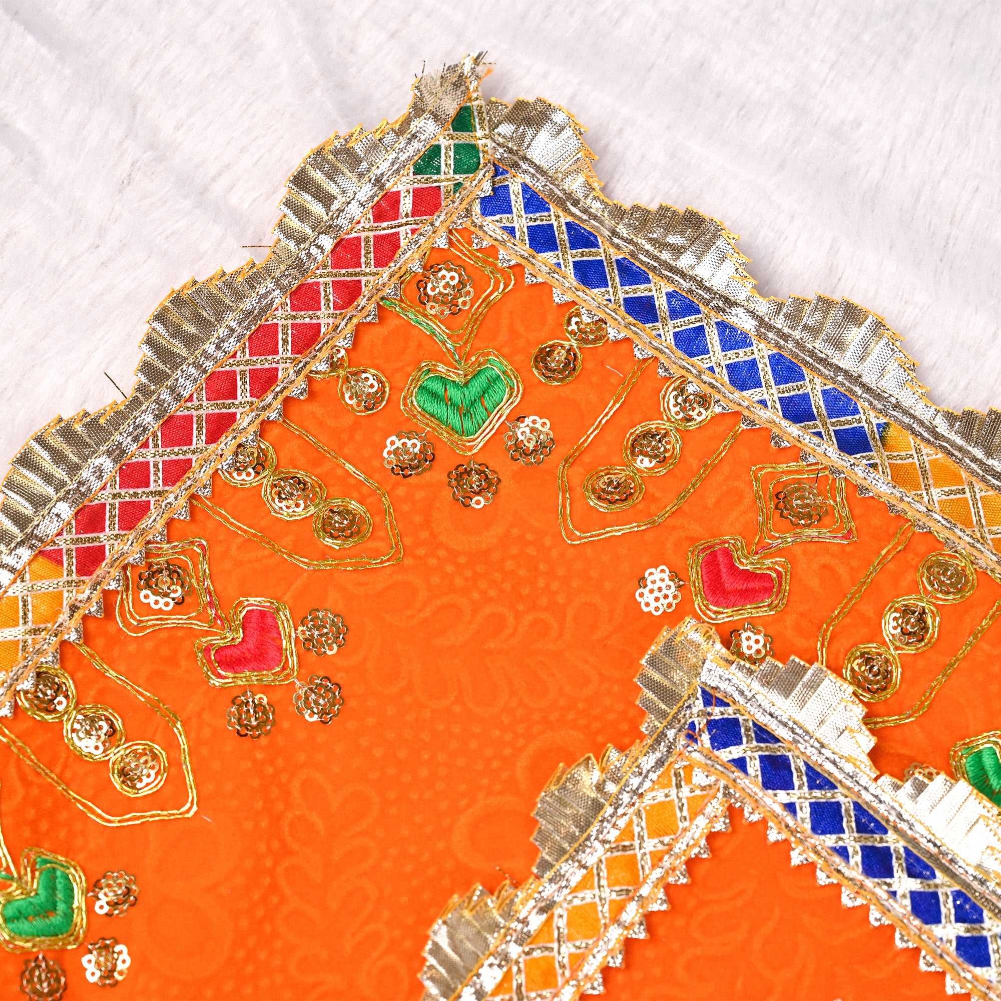Laddu Gopal Decorative Seating Mat Orange Embroidered Design