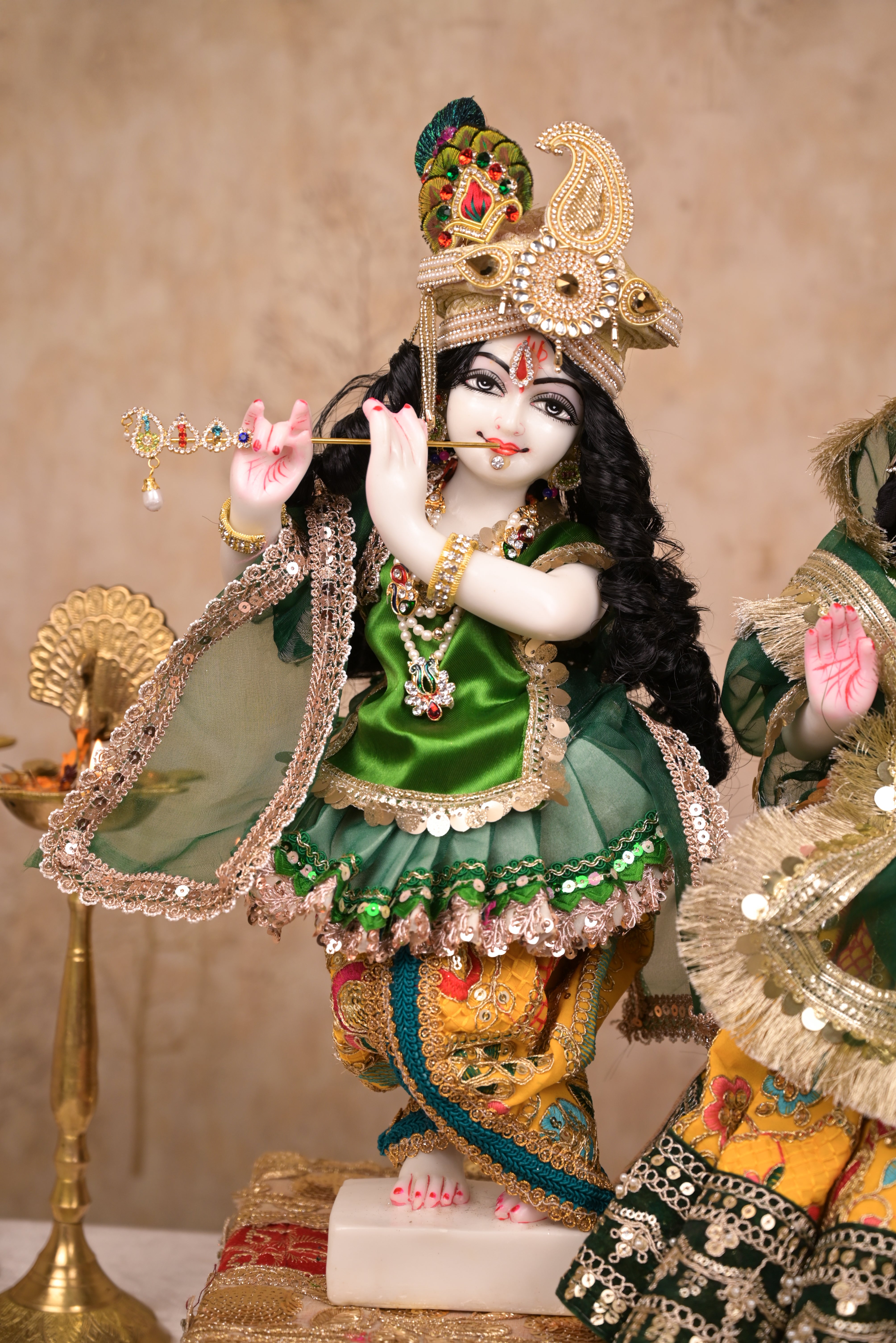 Radha Krishna Poshak | Yellow, Green & Pink Georgette