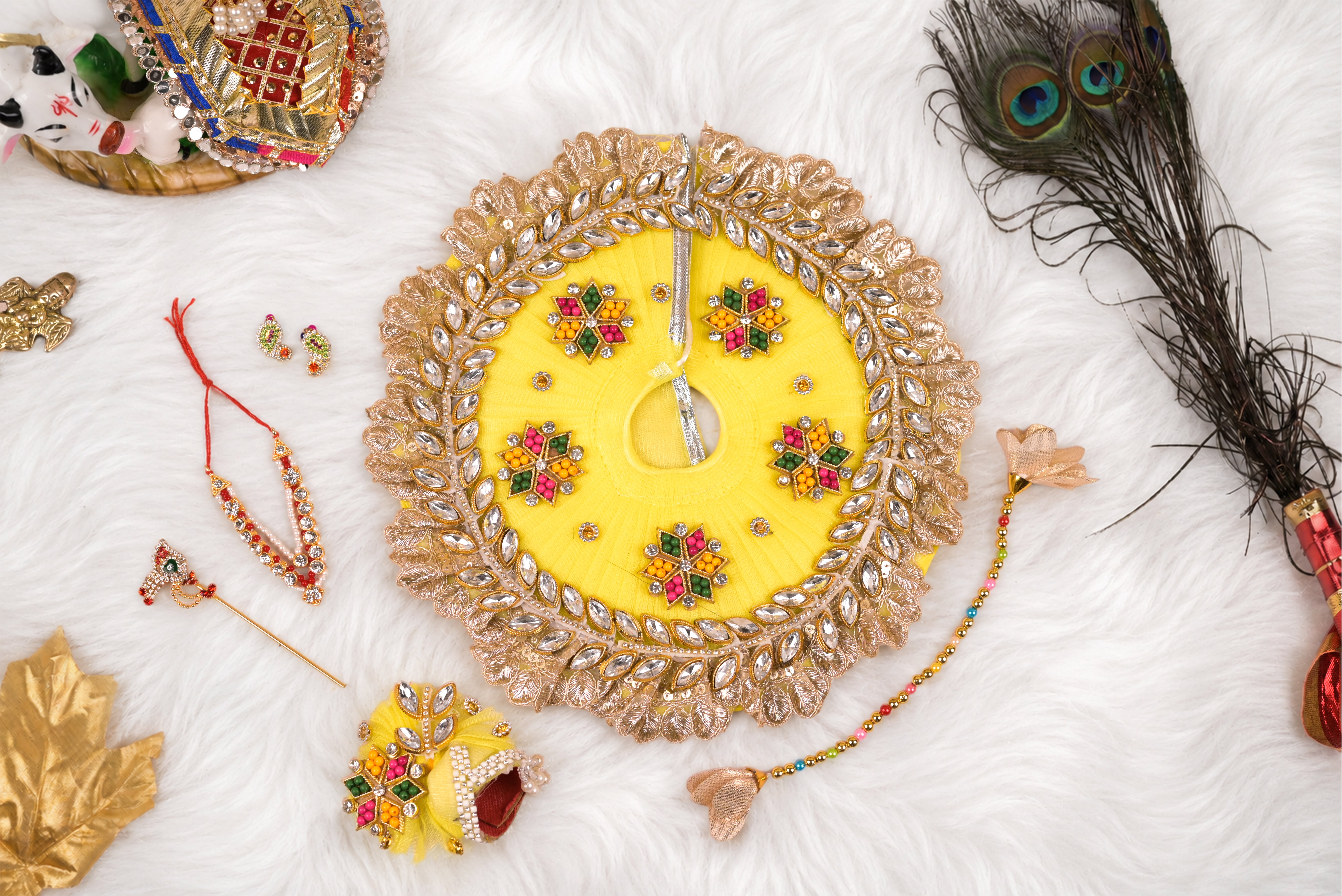 Yellow Kundan Net Laddu Gopal Poshak with Pearl Patka