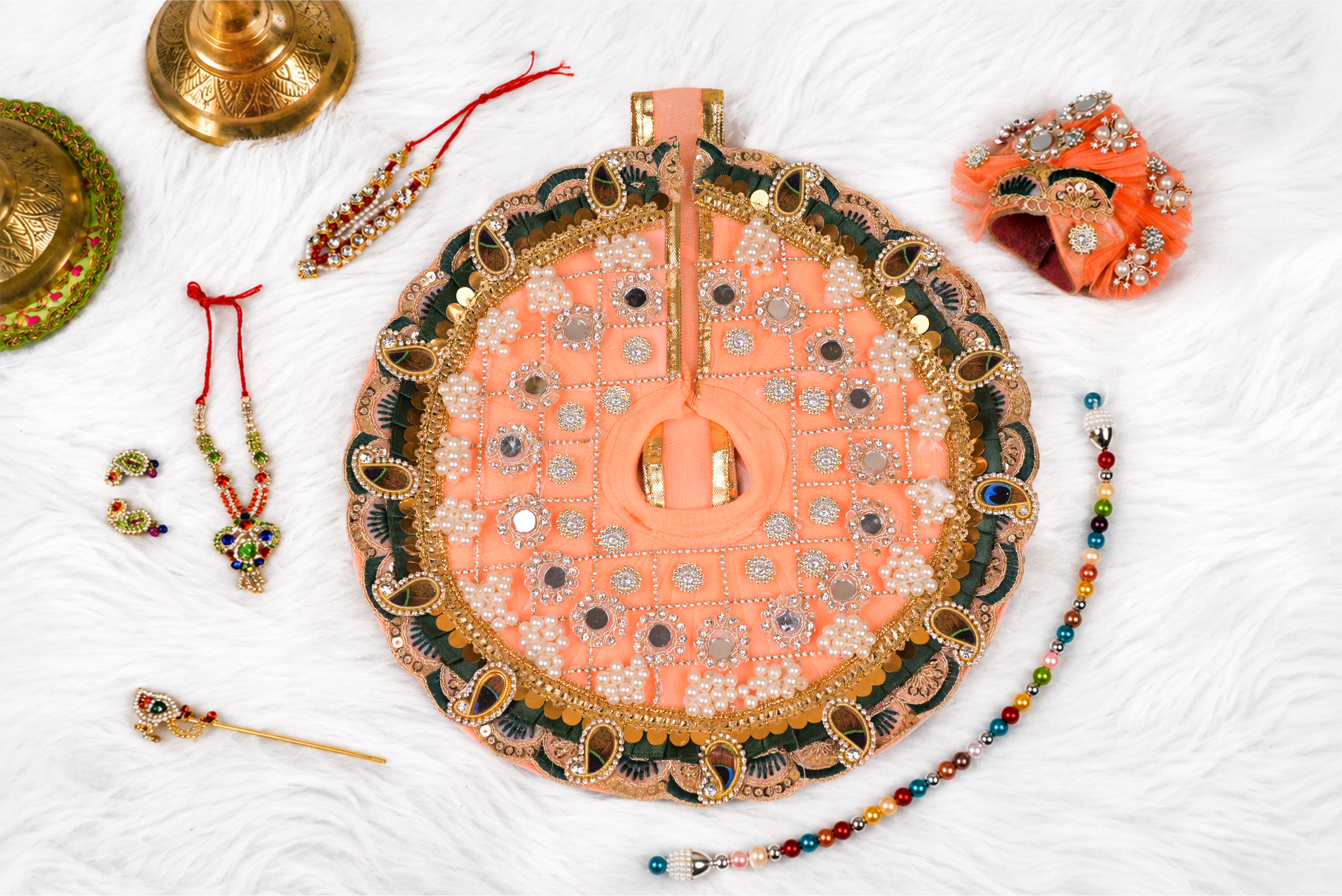 Peach & Green Mor Pankhi Kundan Net Laddu Gopal Poshak