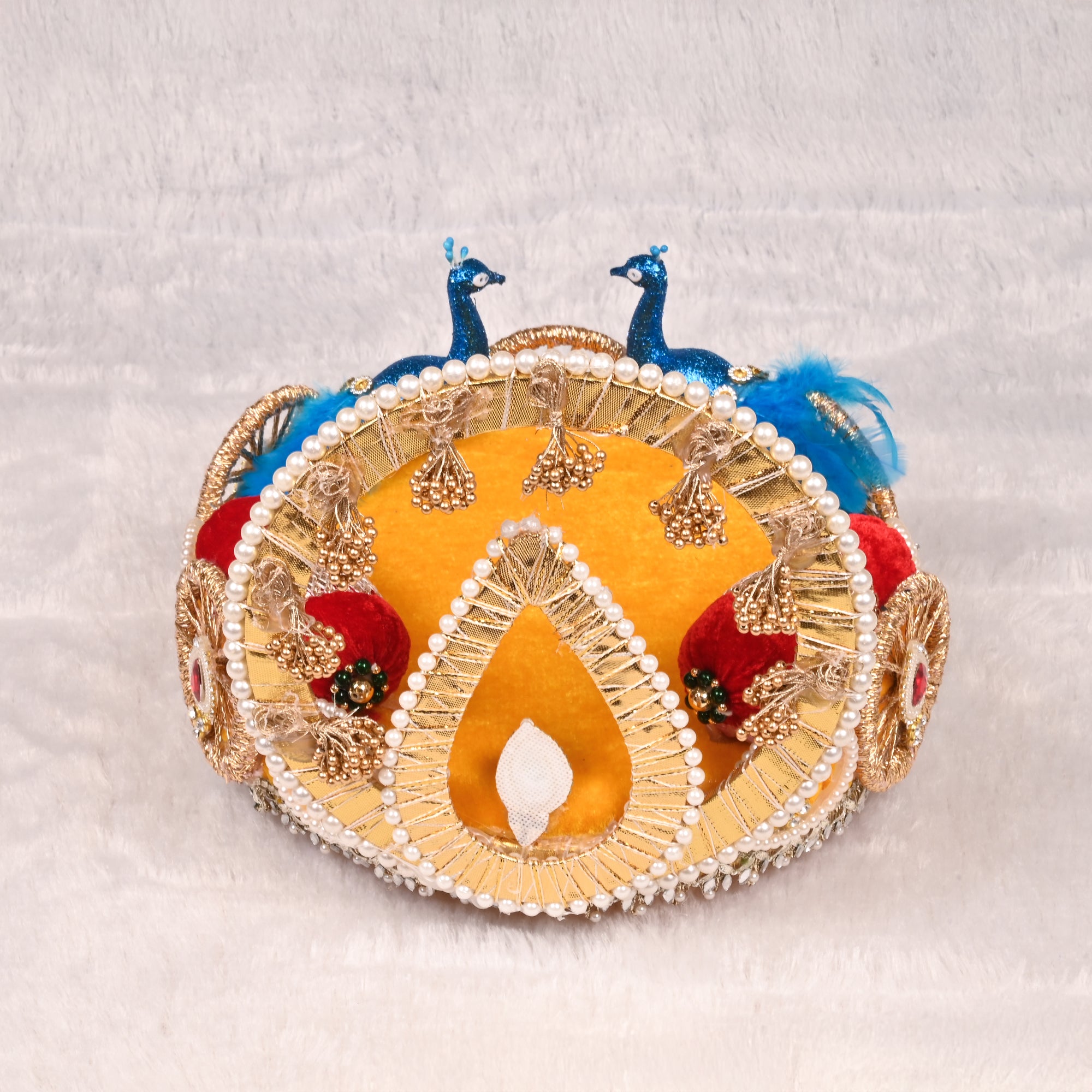 Laddu Gopal Singhasan Yellow and Peacock Design with Decorative Backrest
