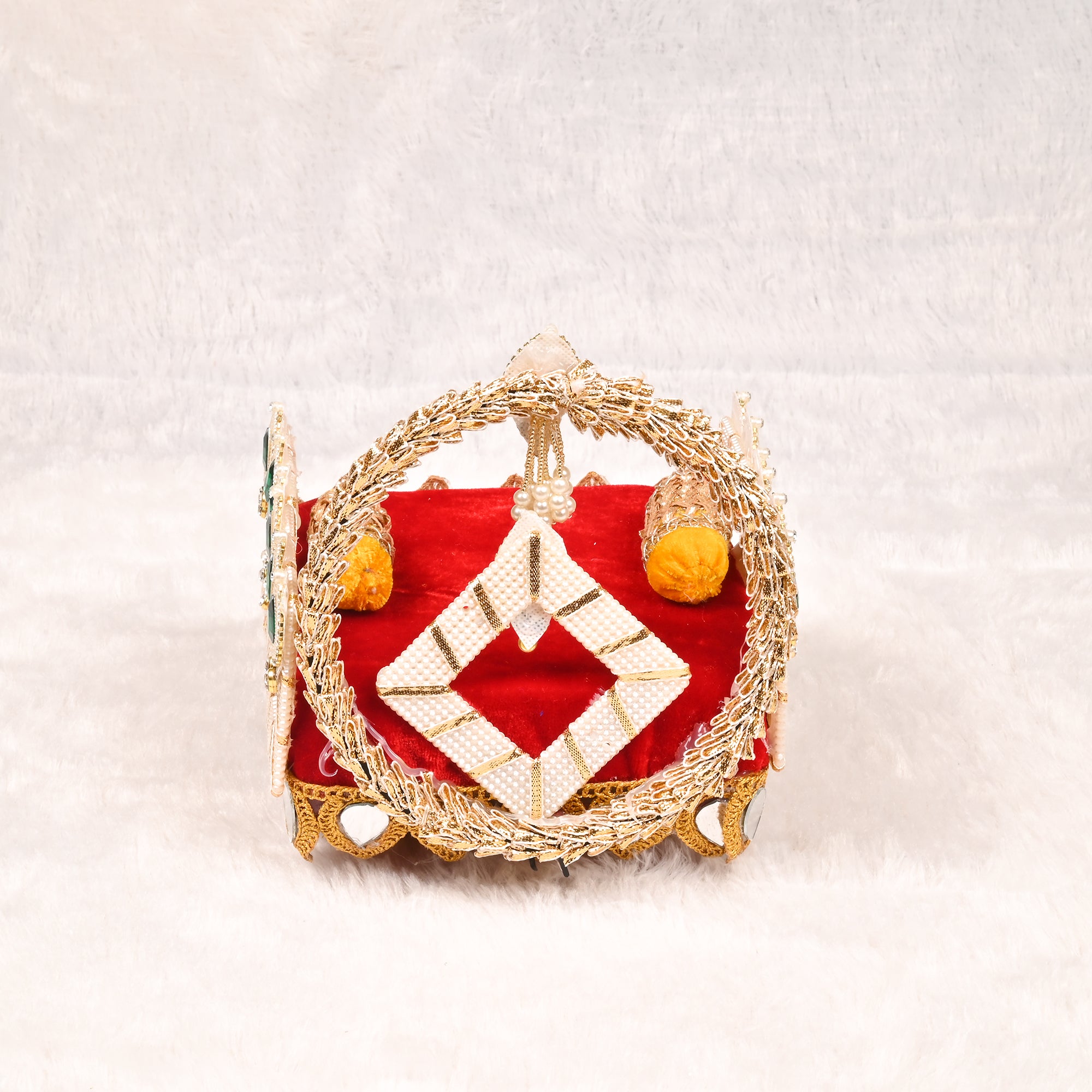 Laddu Gopal Singhasan Red Square Design with Golden Embellished Backrest