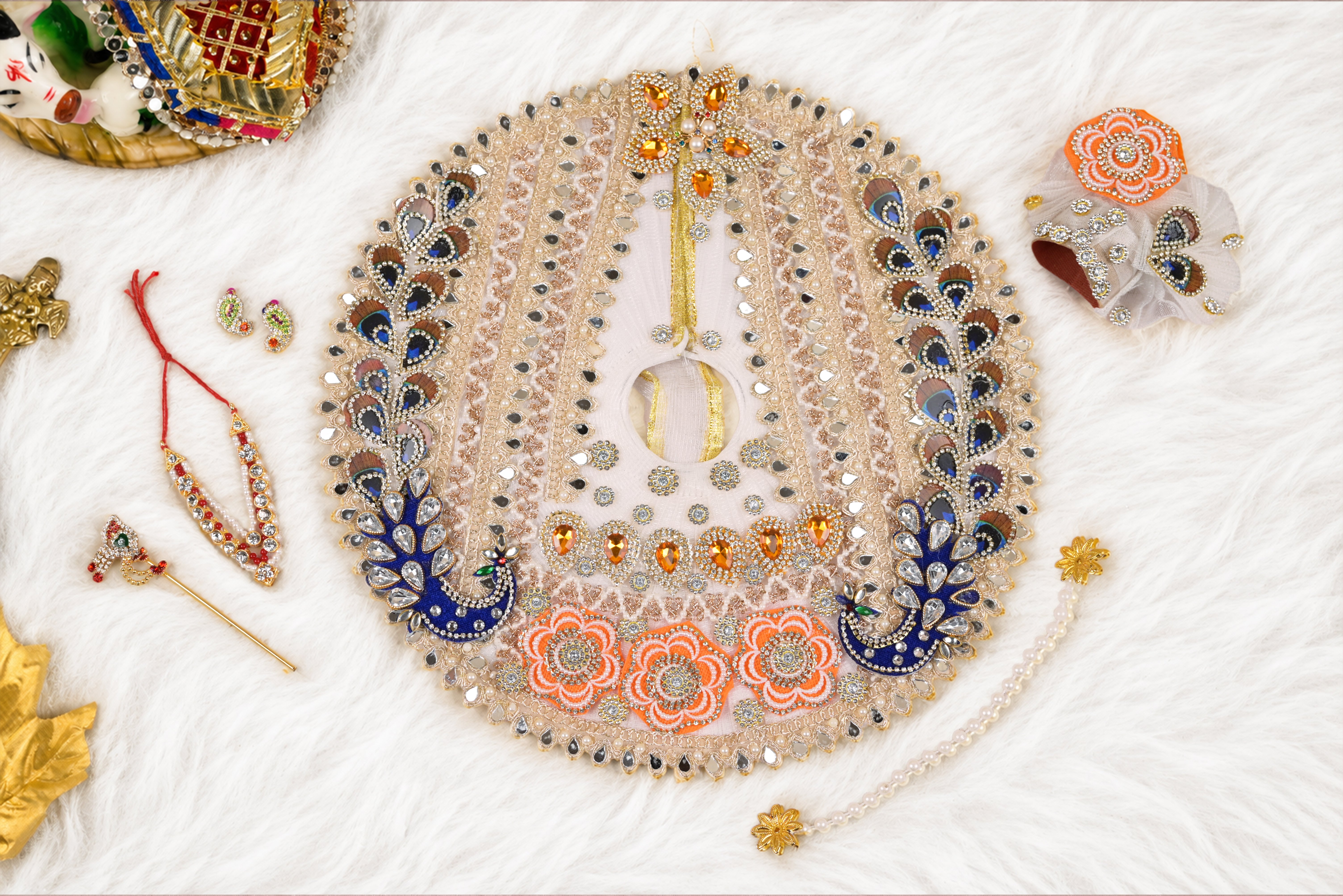 White Peacock Kundan Net Laddu Gopal Poshak with Pearl Patka