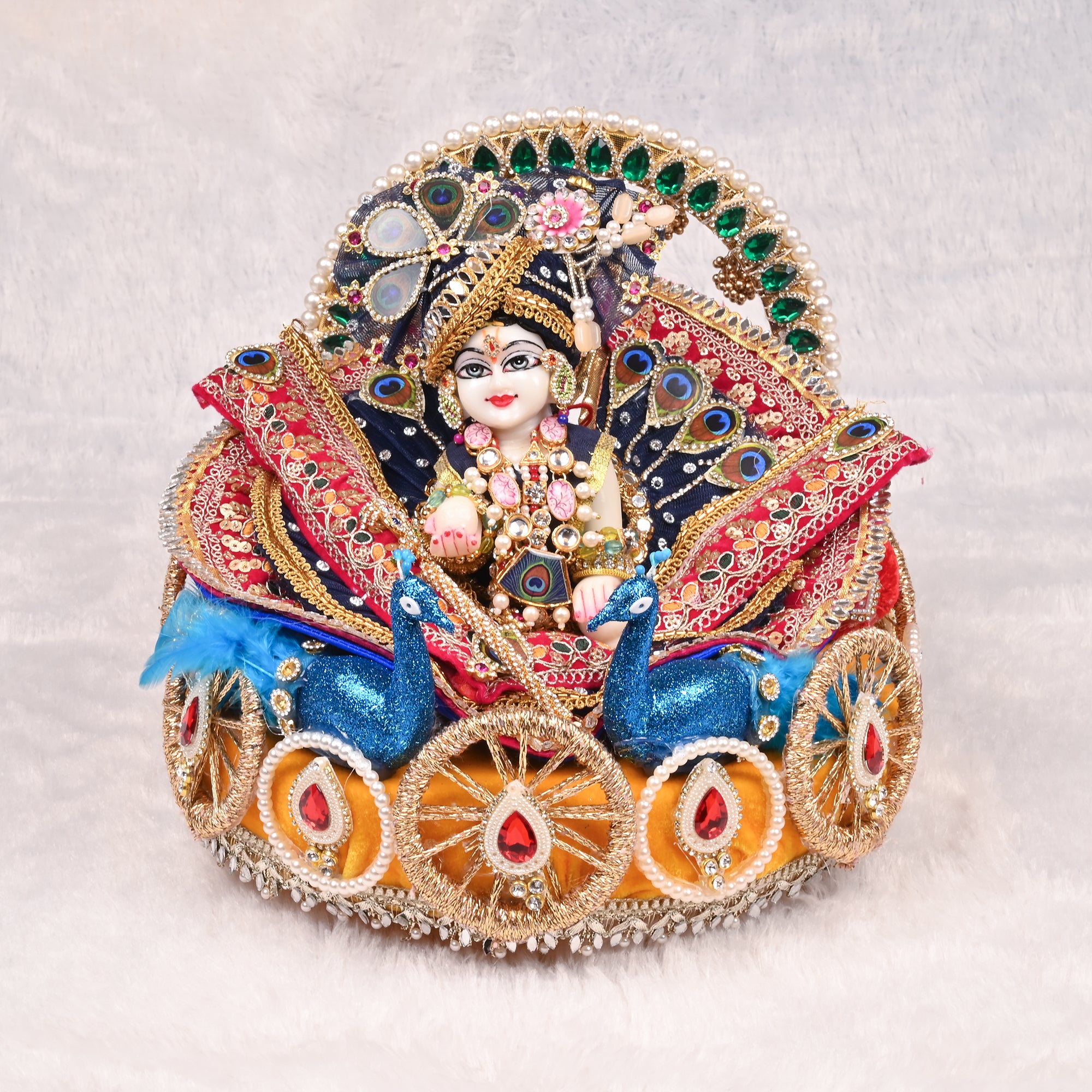 Laddu Gopal Singhasan Yellow and Peacock Design with Decorative Backrest