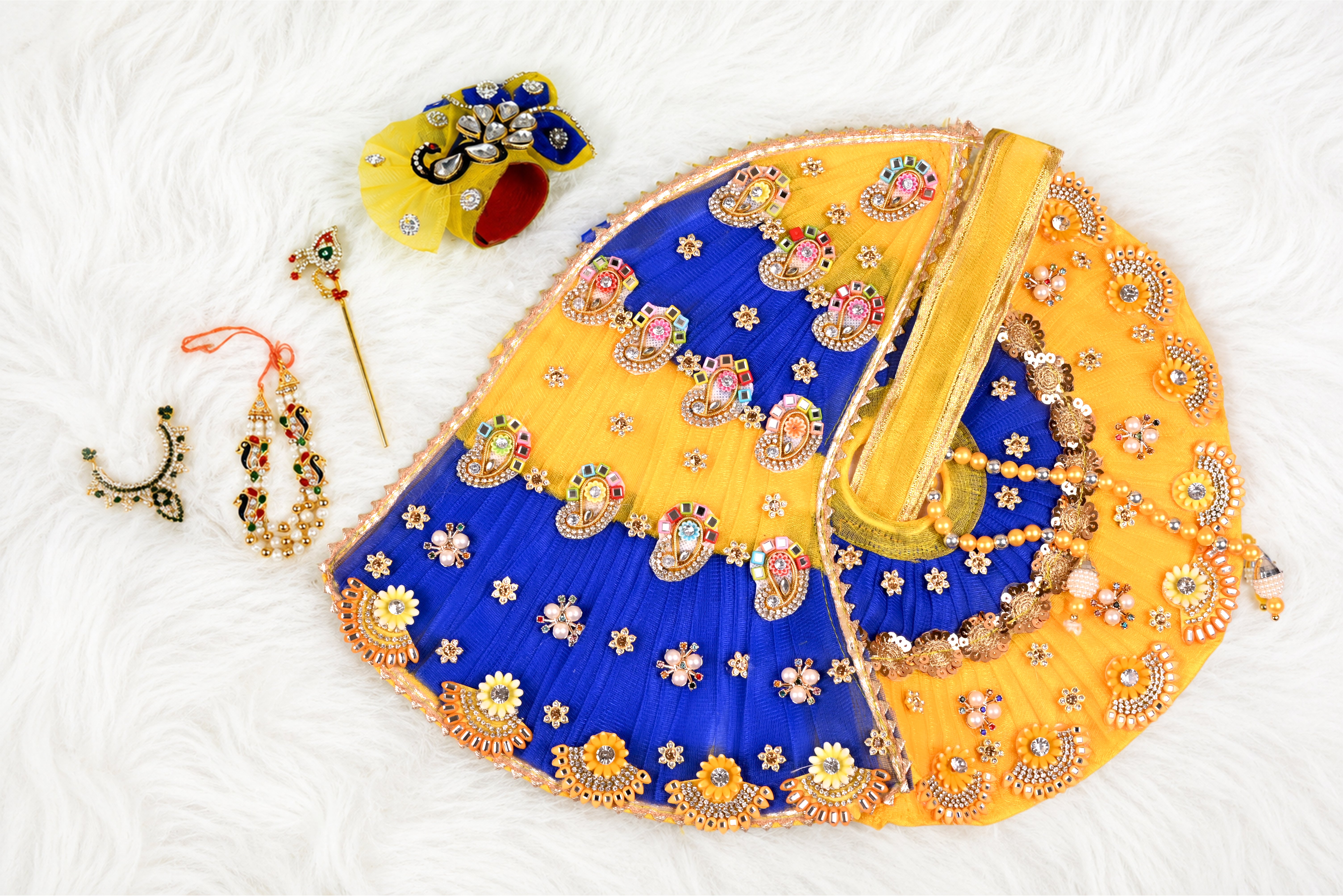Yellow & Blue Patka Style Kundan Net Laddu Gopal Poshak
