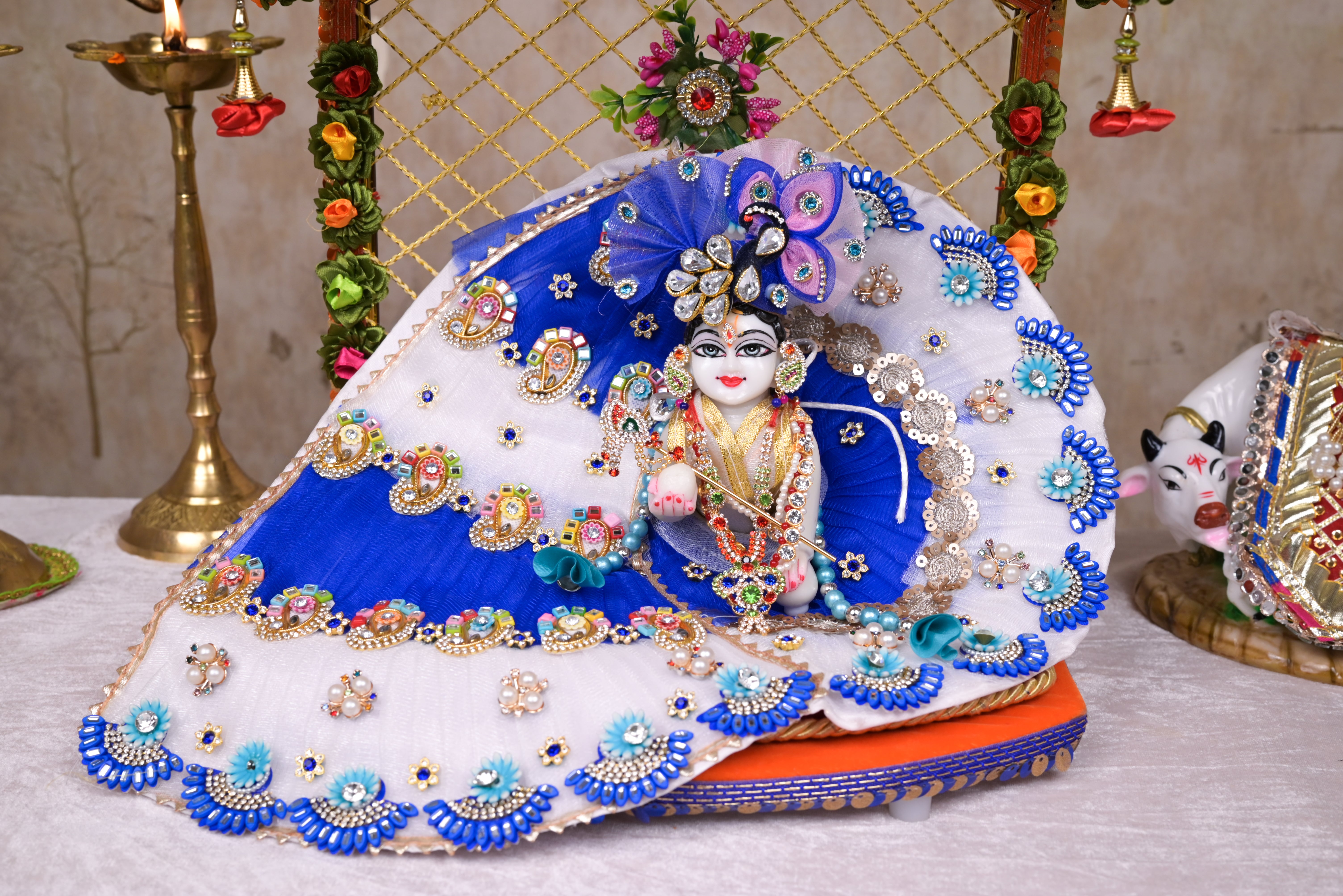 White & Blue Patka Style Kundan Net Laddu Gopal Poshak
