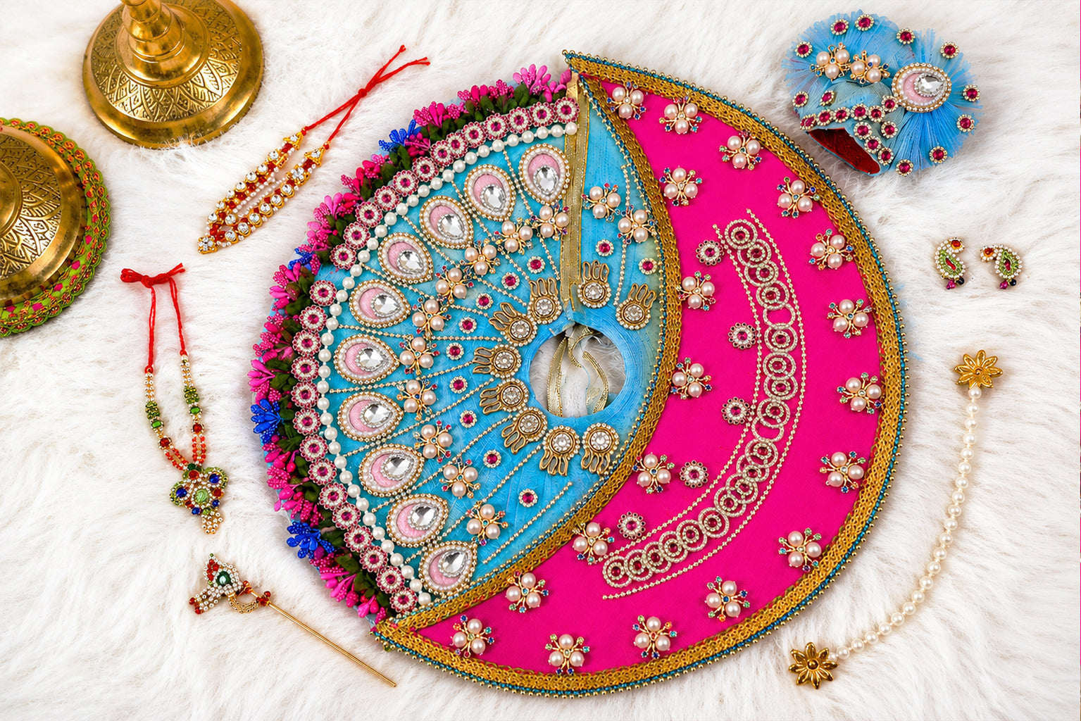 Pink & Sky Blue Moon Style Kundan Net Laddu Gopal Poshak