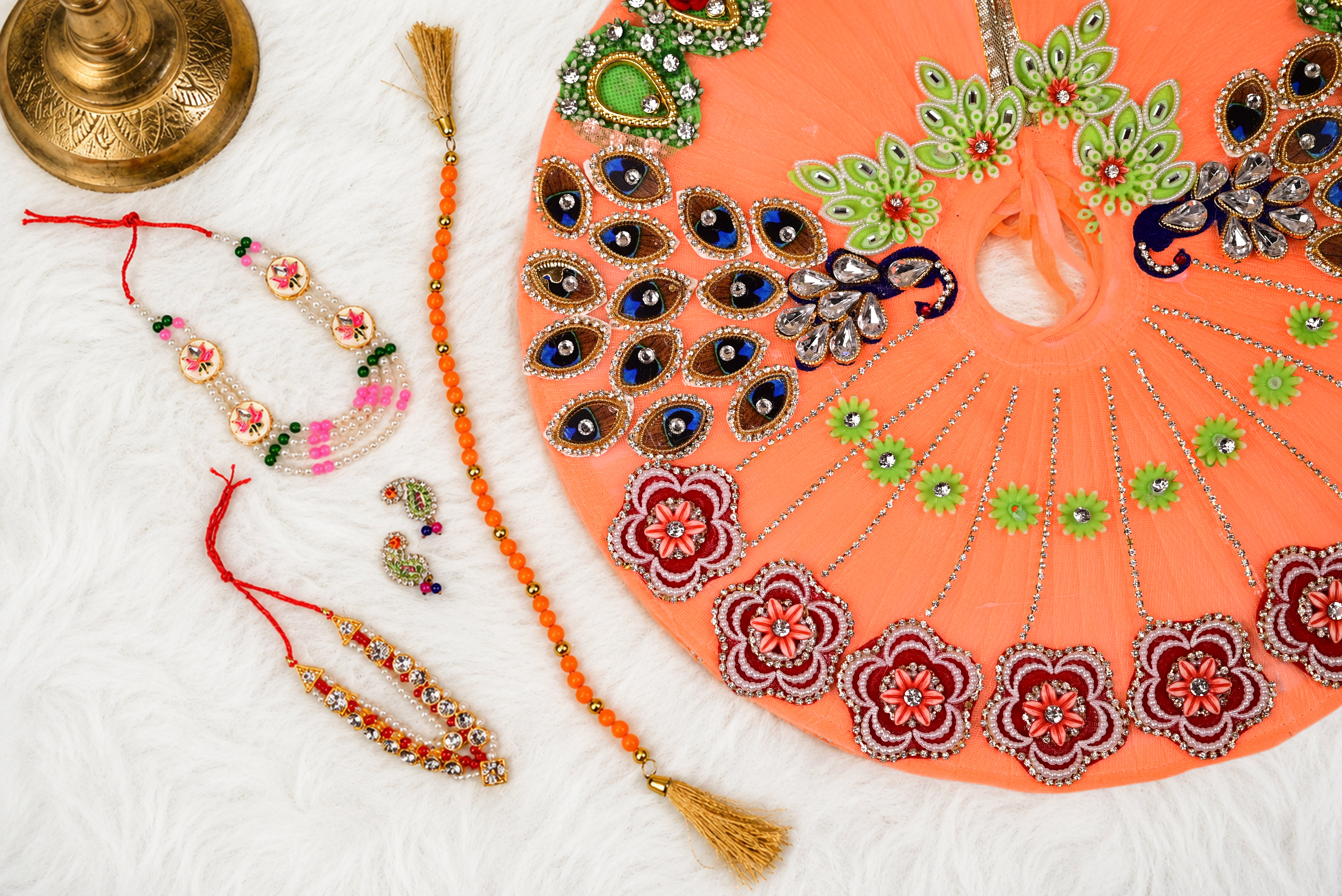 Peach Peacock Style Kundan Net Laddu Gopal Poshak