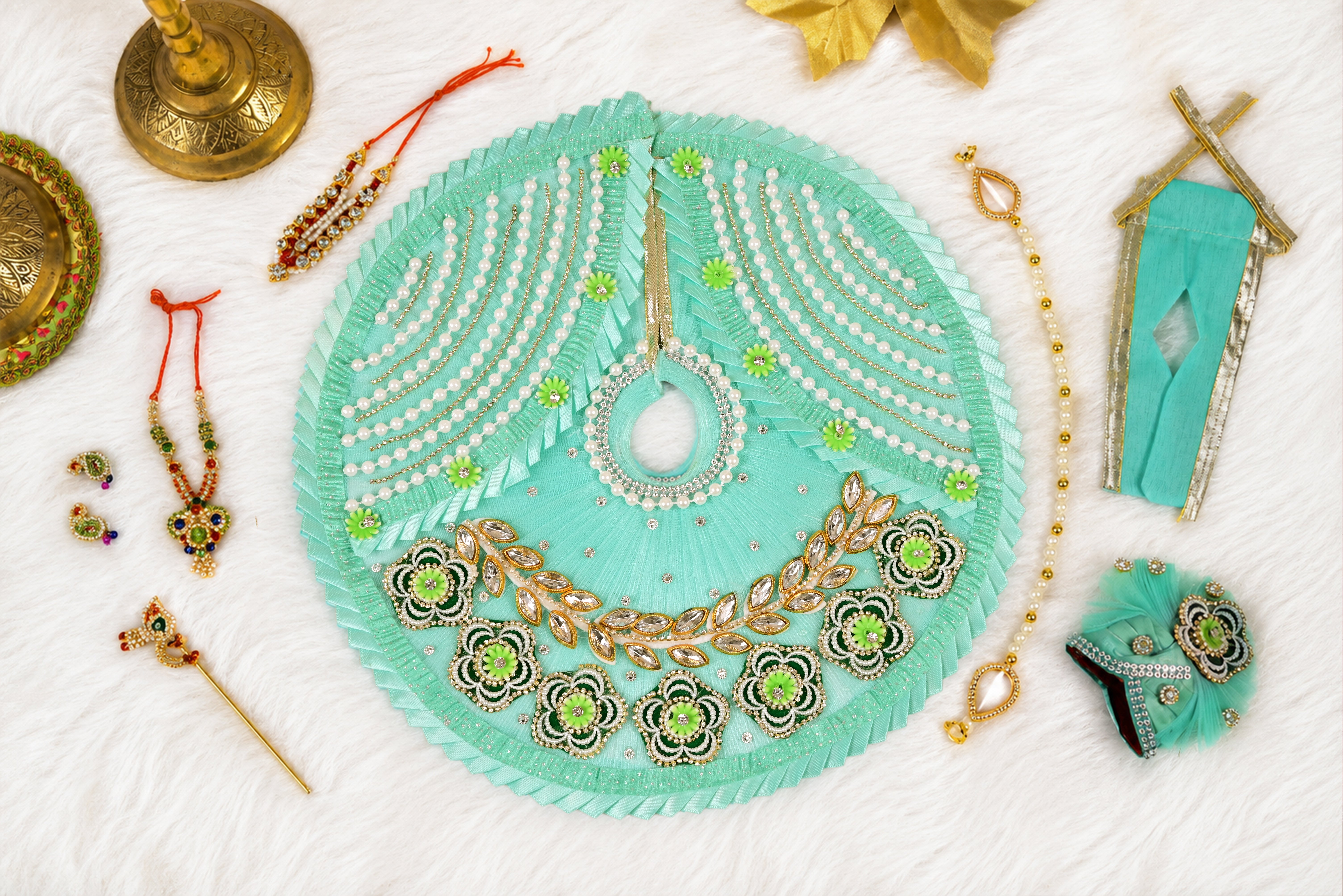 Sea Green Kundan Net Laddu Gopal Poshak