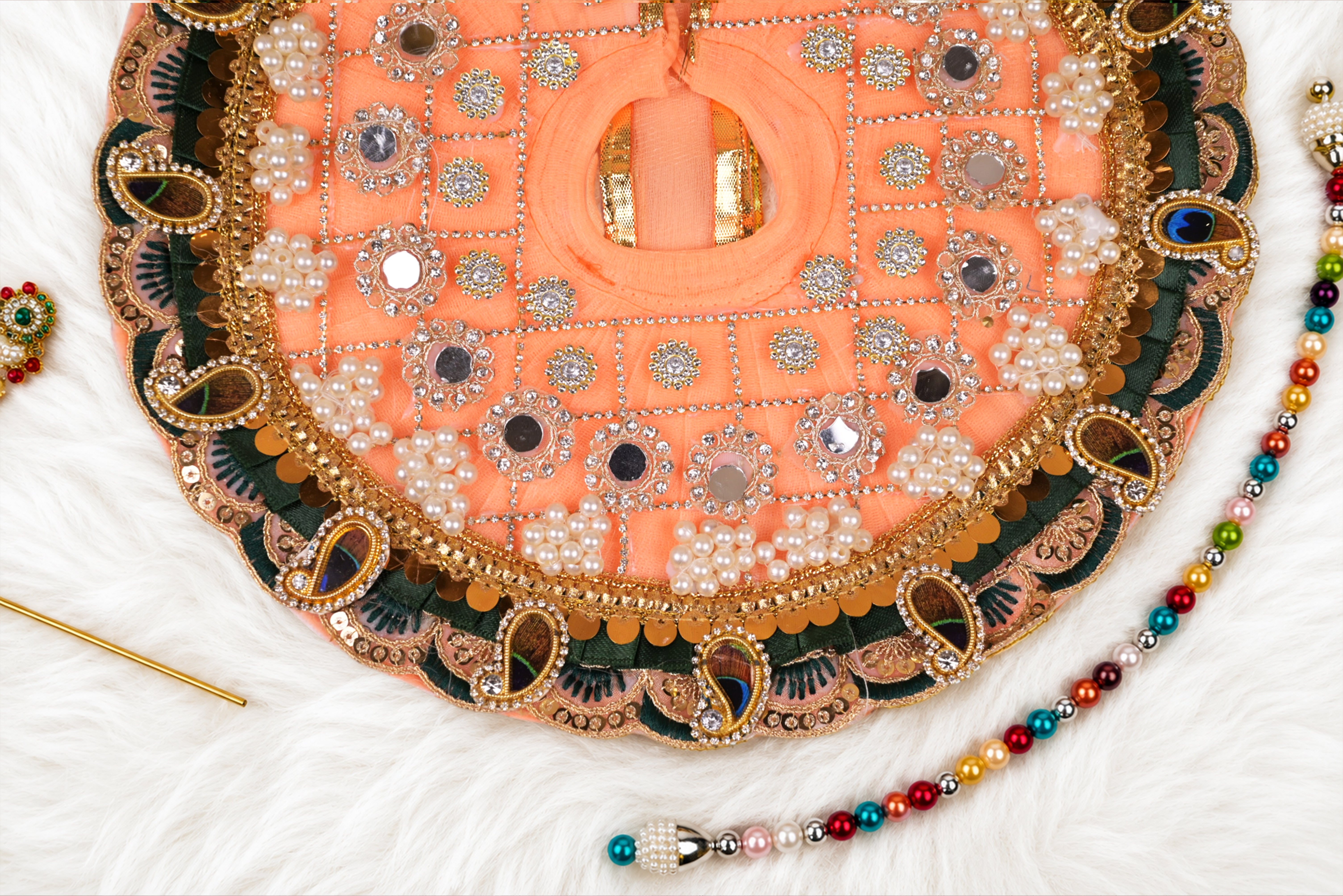 Peach & Green Mor Pankhi Kundan Net Laddu Gopal Poshak