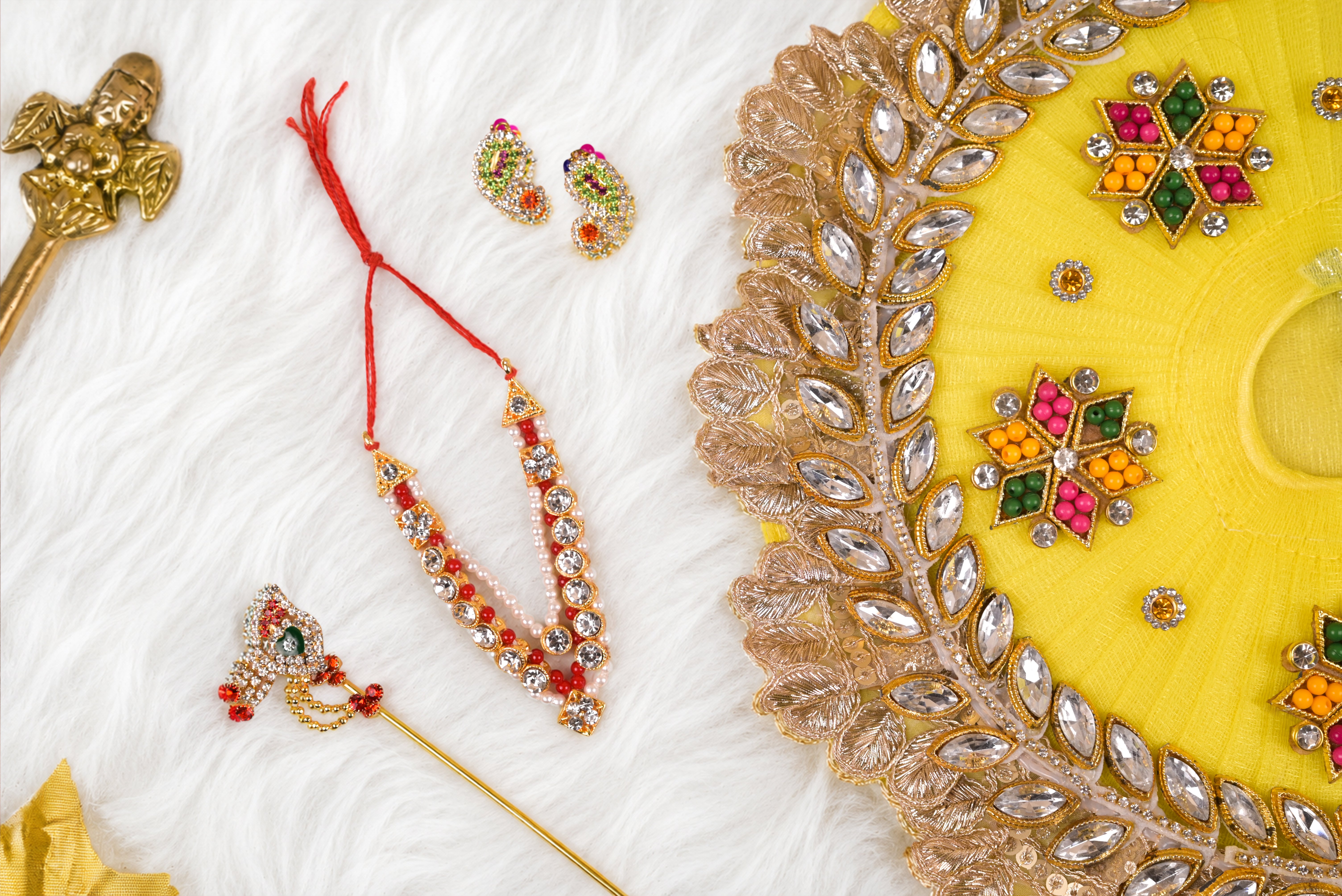 Yellow Kundan Net Laddu Gopal Poshak with Pearl Patka