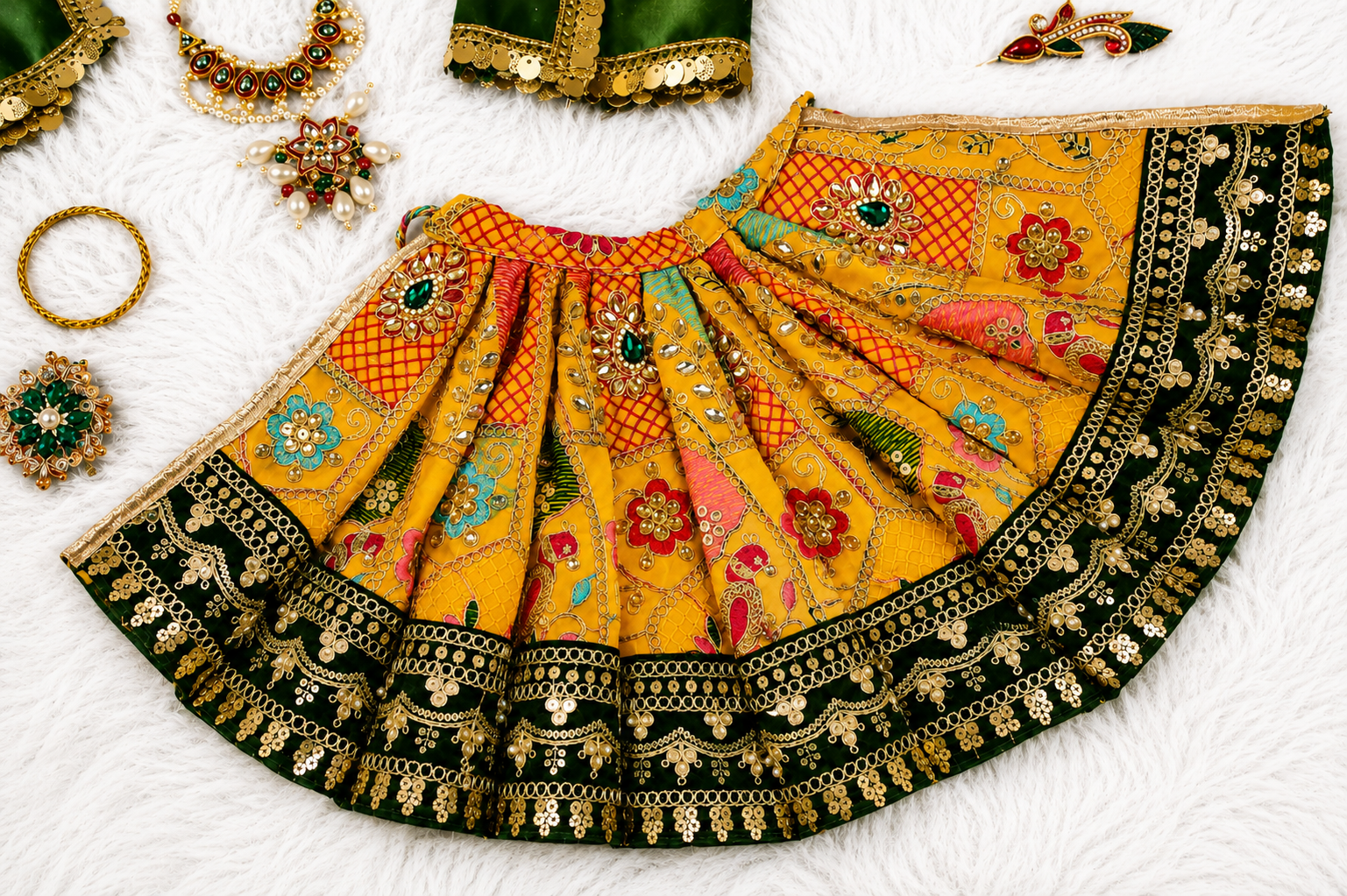 Radha Krishna Poshak | Yellow, Green & Pink Georgette