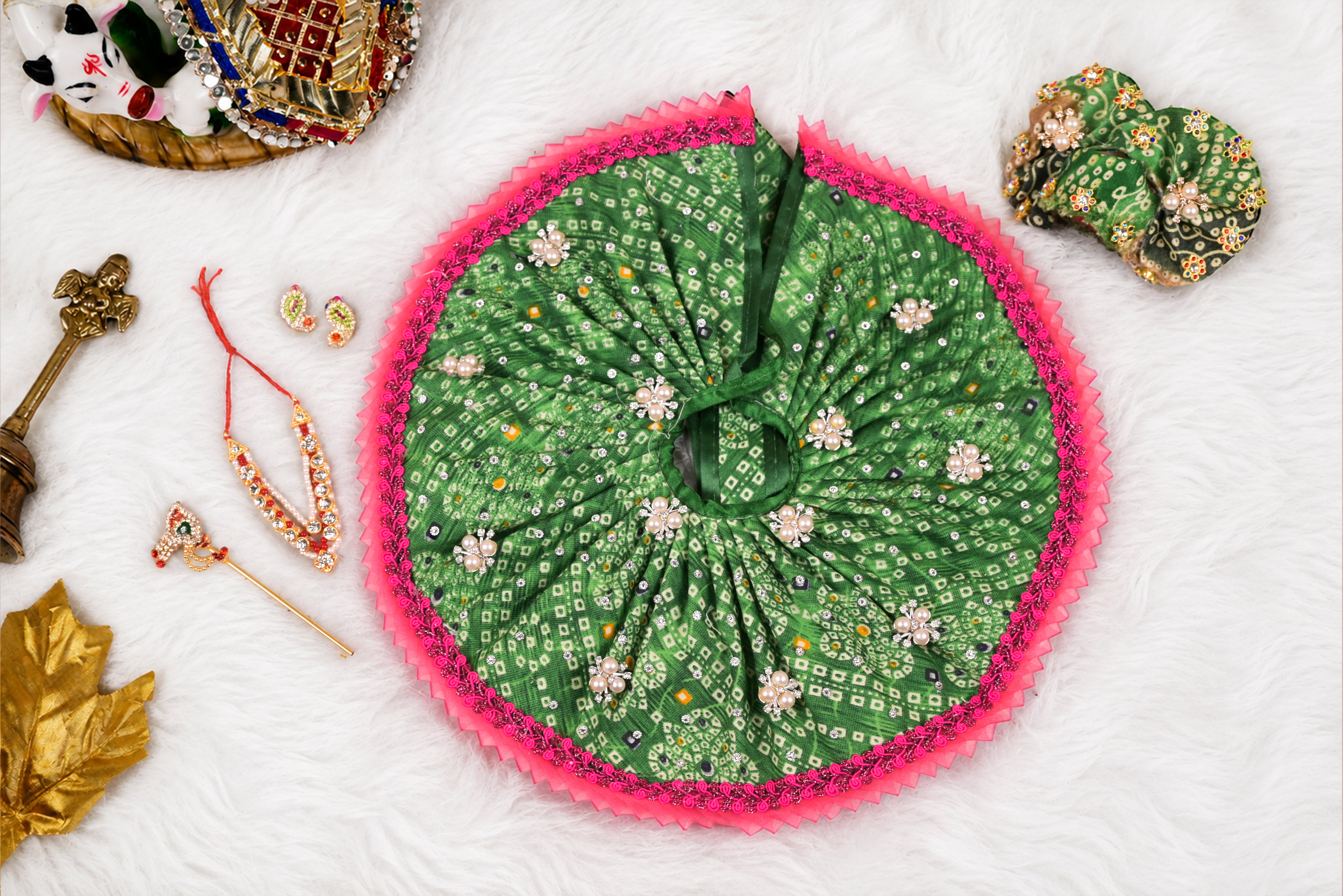 Green Bandhani Silk Laddu Gopal Poshak