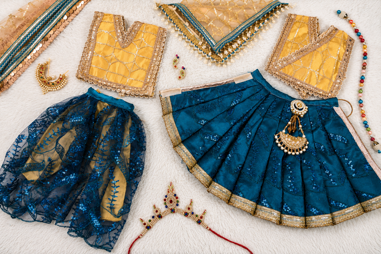 Radha Krishna Poshak | Golden & Dark Blue Net