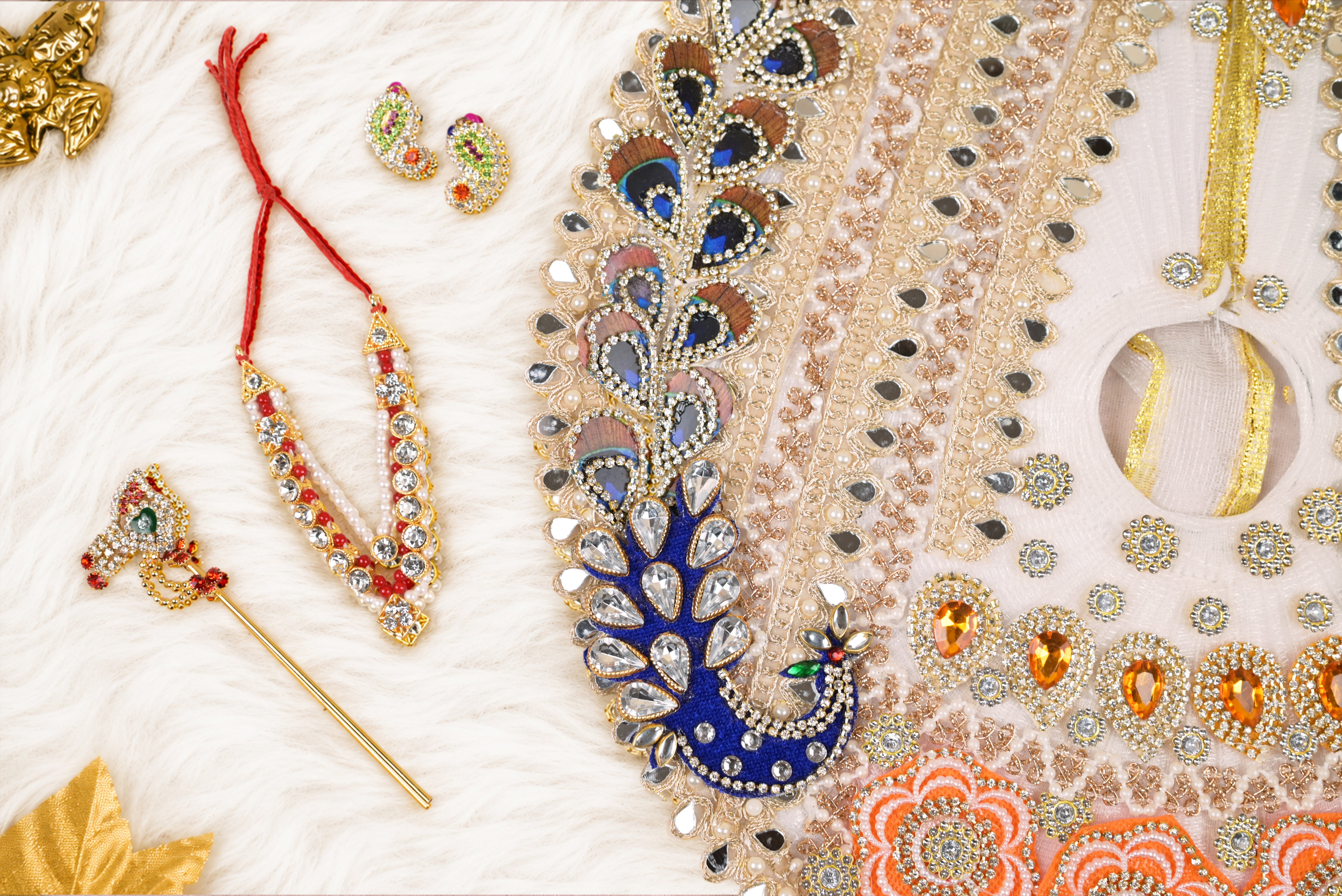 White Peacock Kundan Net Laddu Gopal Poshak with Pearl Patka
