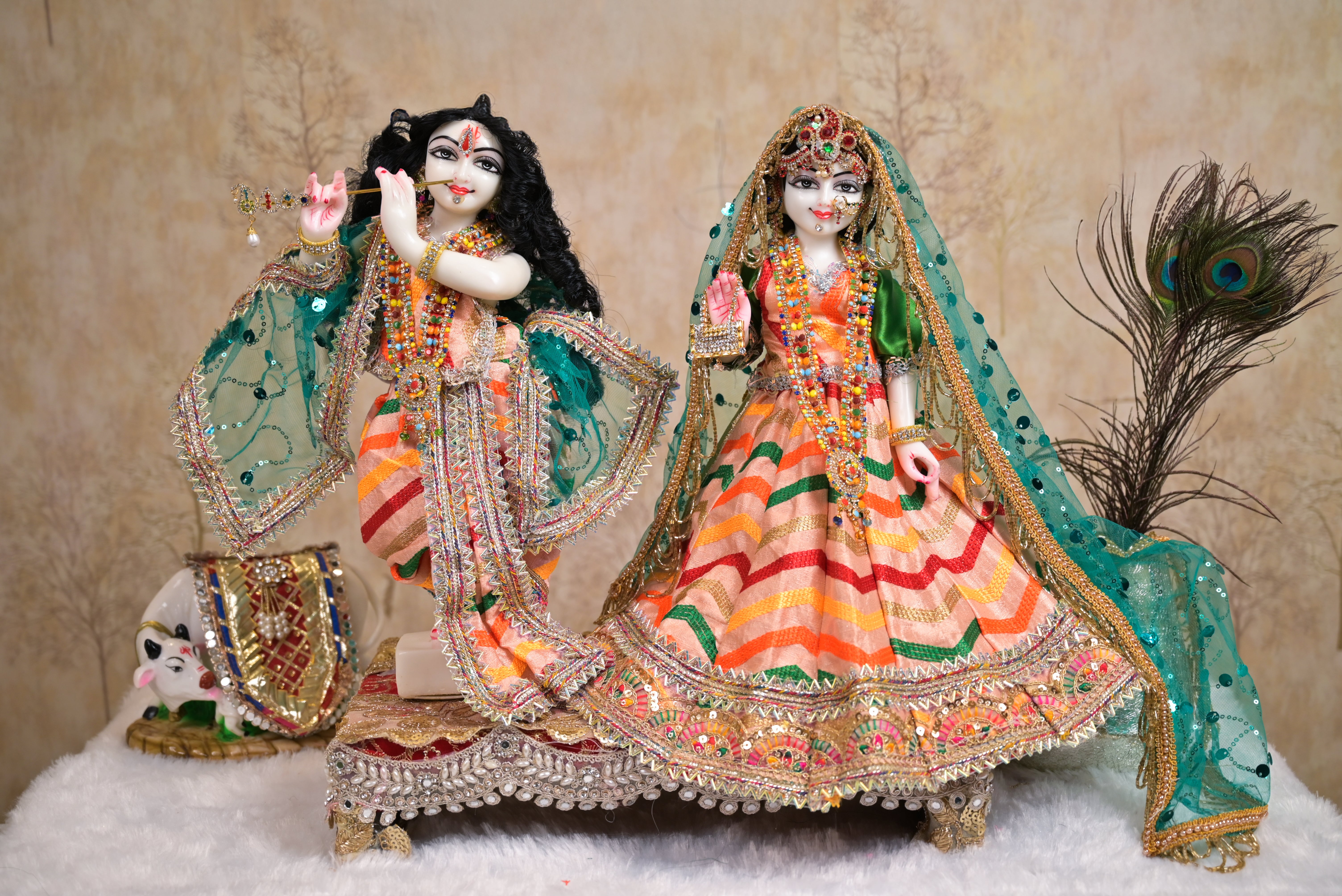 Radha Krishna Poshak | Peach, Pink & Green Silk