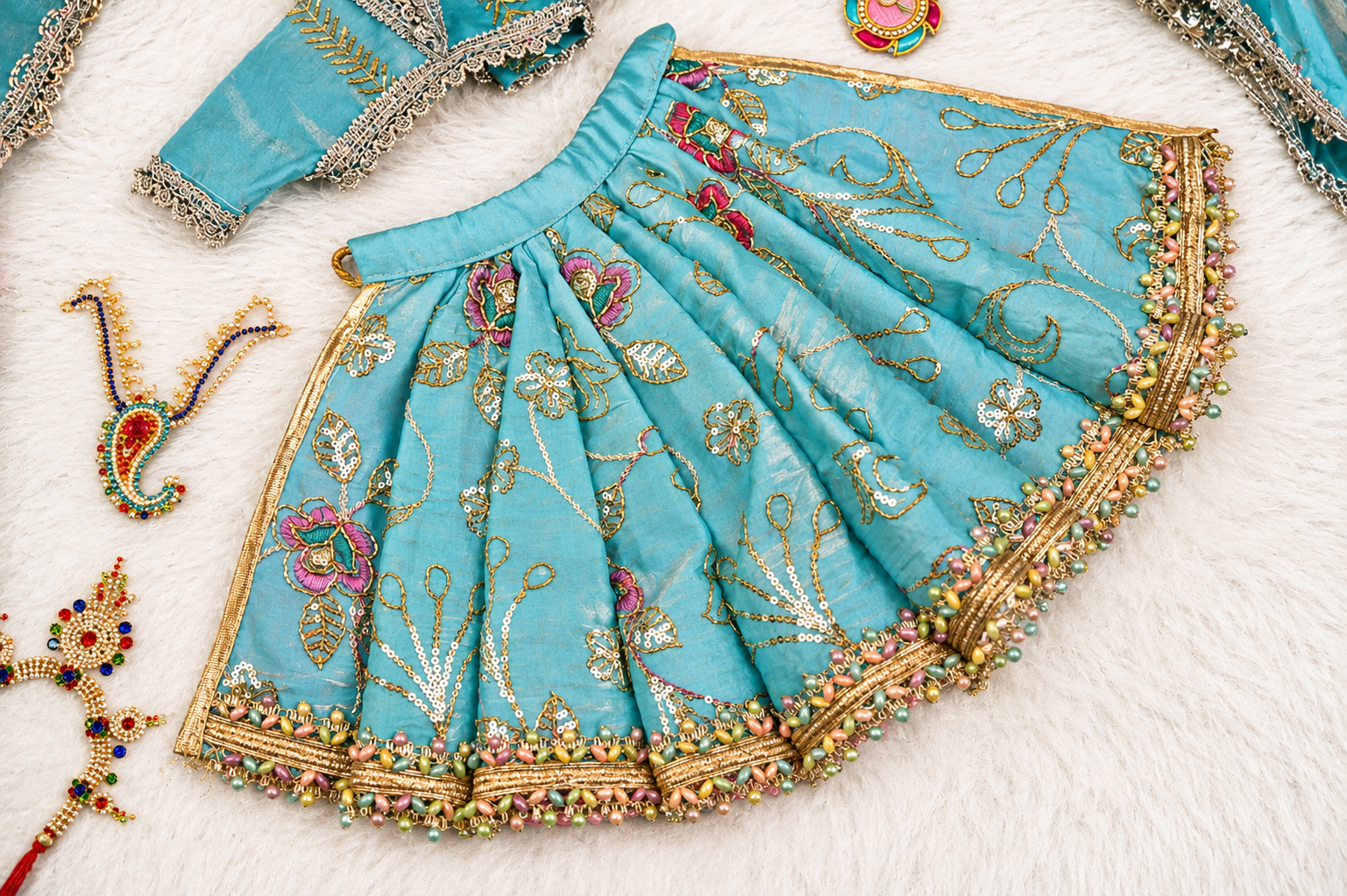 Radha Krishna Poshak | Sea Blue & Pink Silk