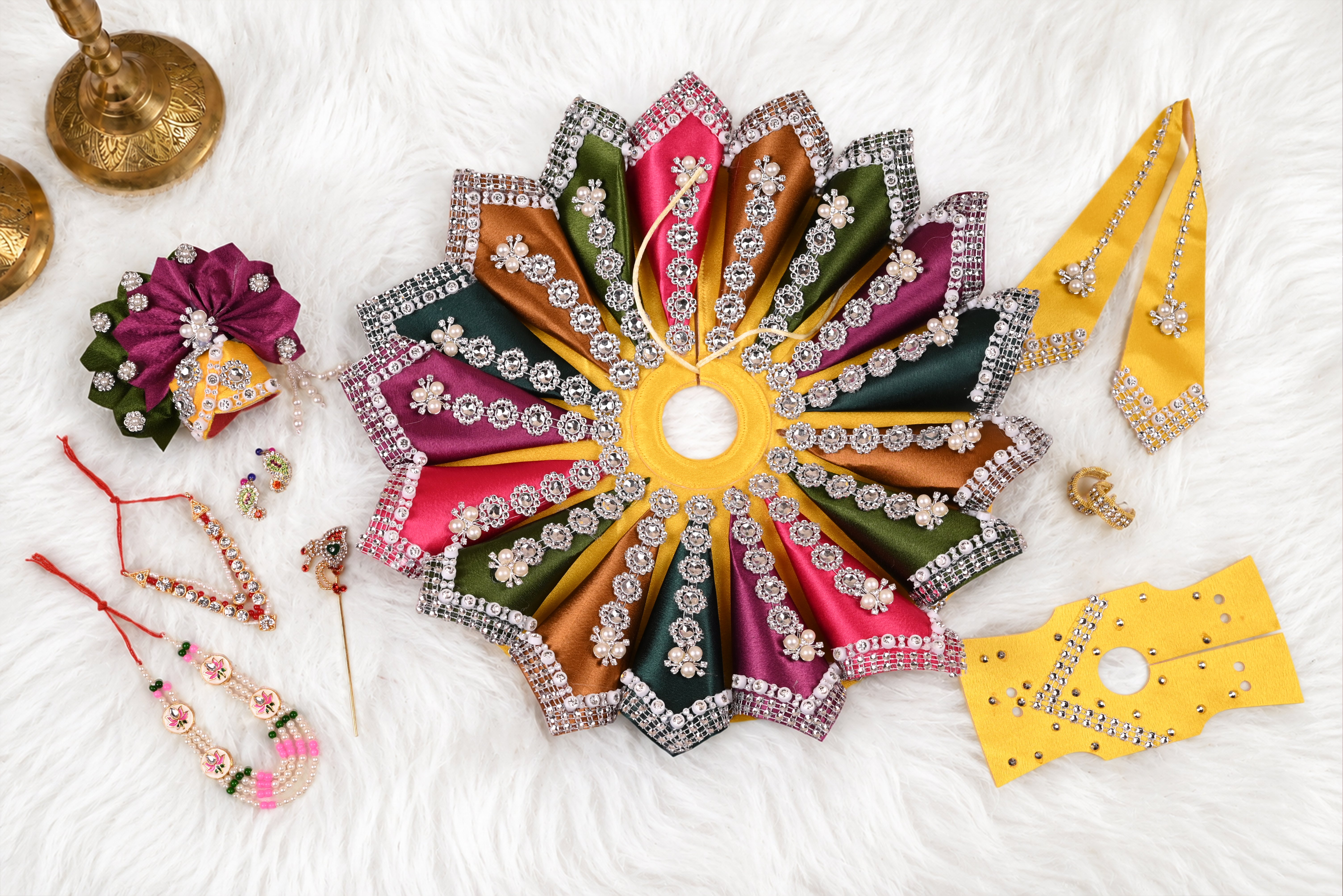 Multi-Colour Cone Style Silk Kundan Laddu Gopal Poshak
