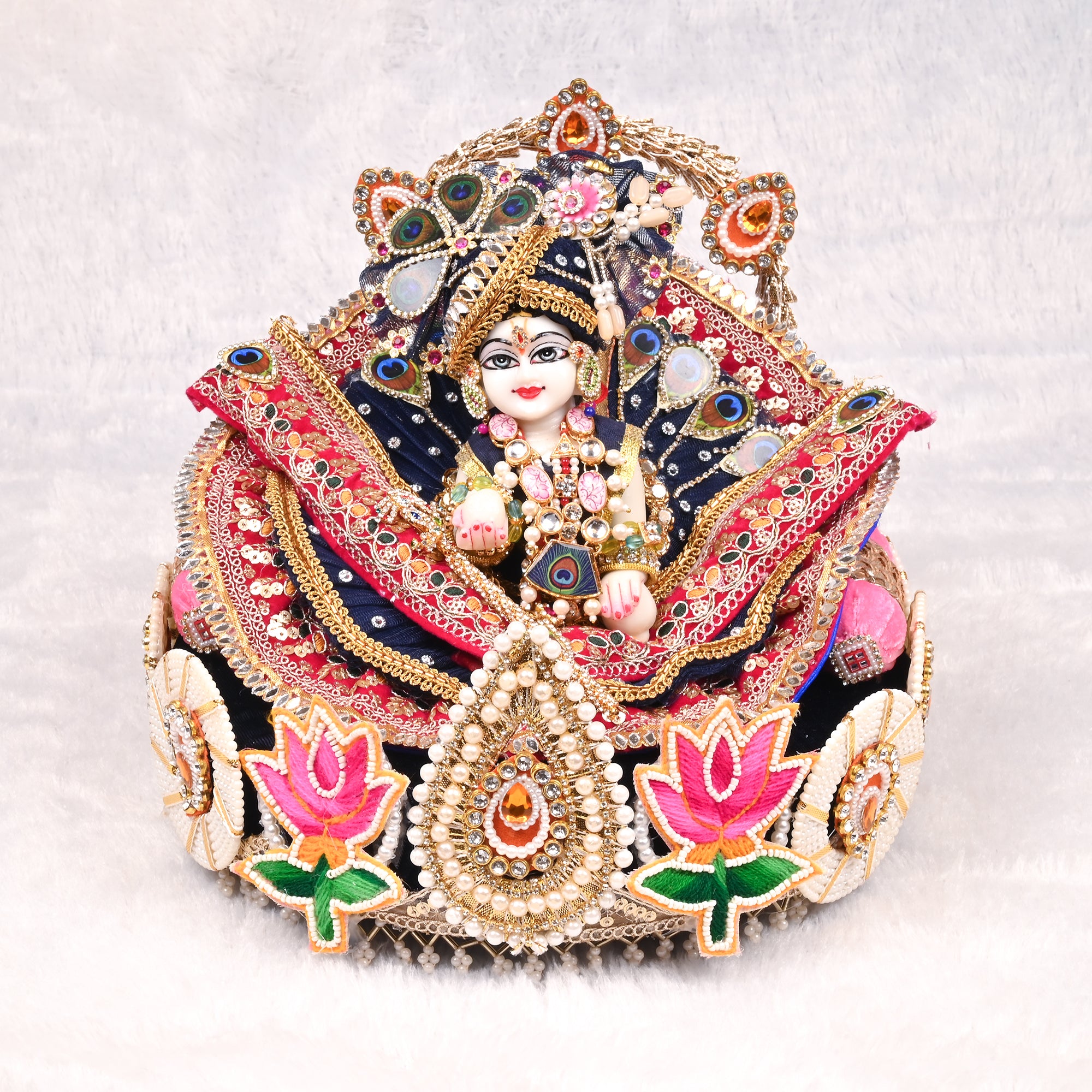 Laddu Gopal Singhasan Black and Pink Lotus Design with Elephant Backrest