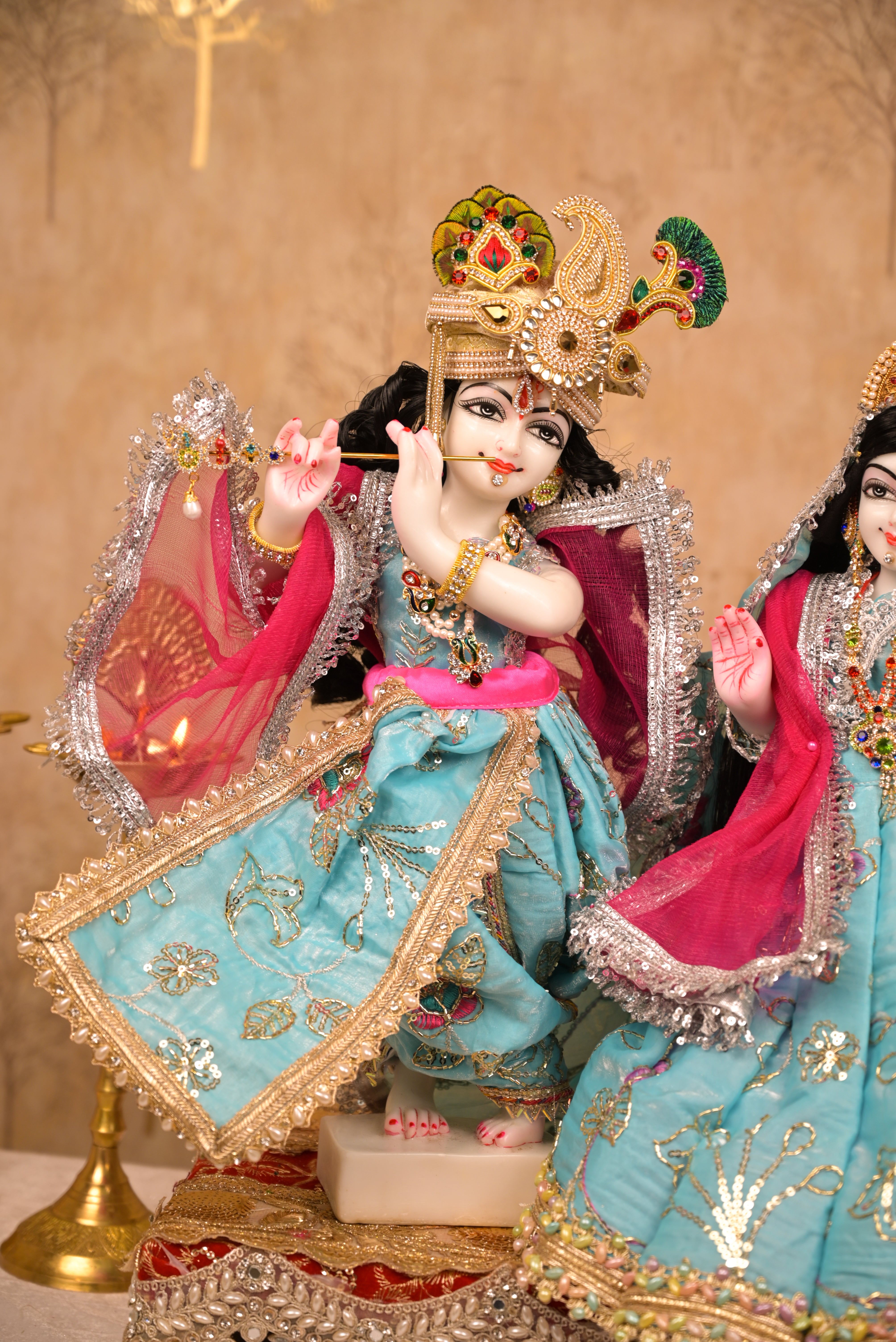 Radha Krishna Poshak | Sea Blue & Pink Silk