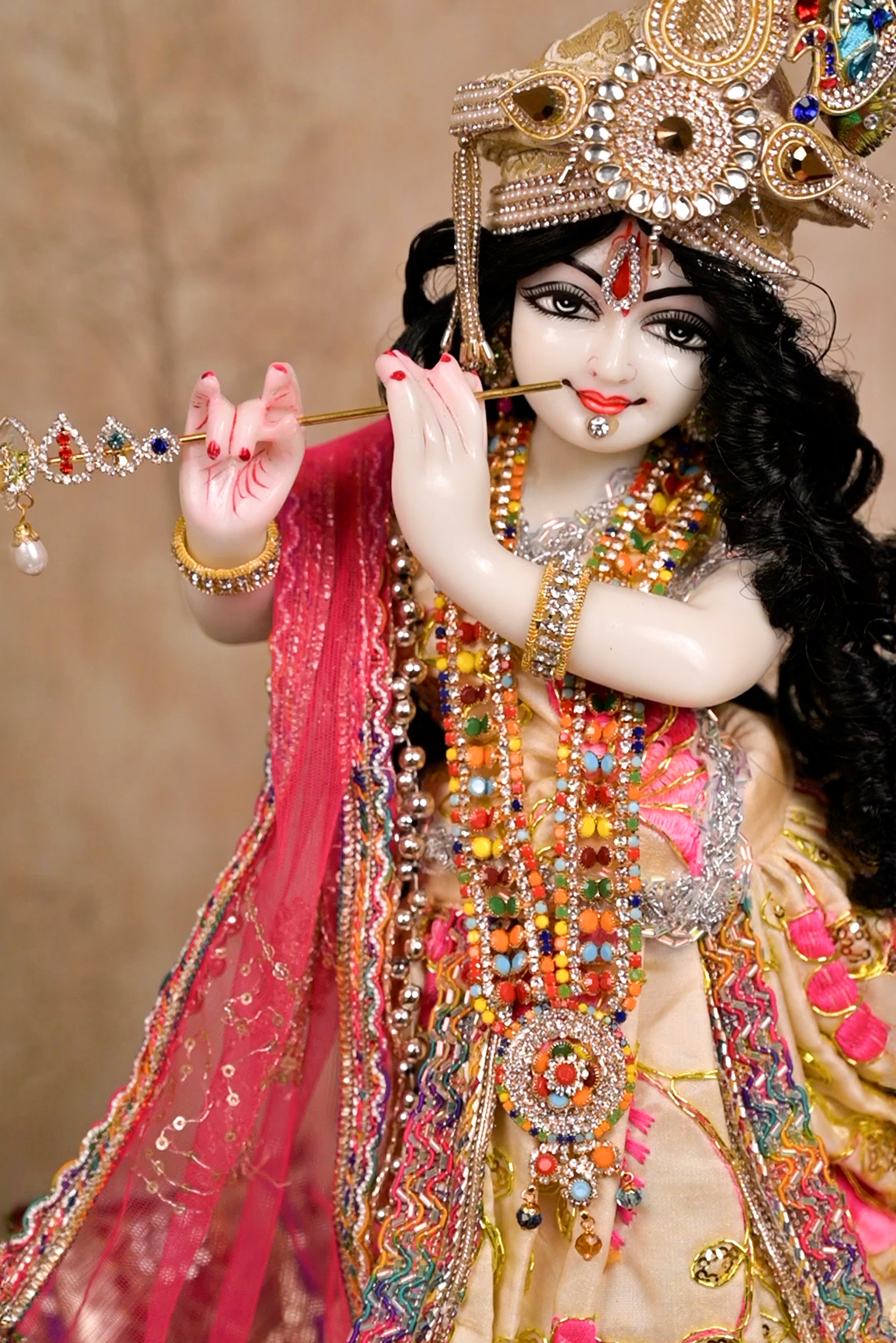 Radha Krishna Yugal Jodi Poshak – Beige Golden & Pink