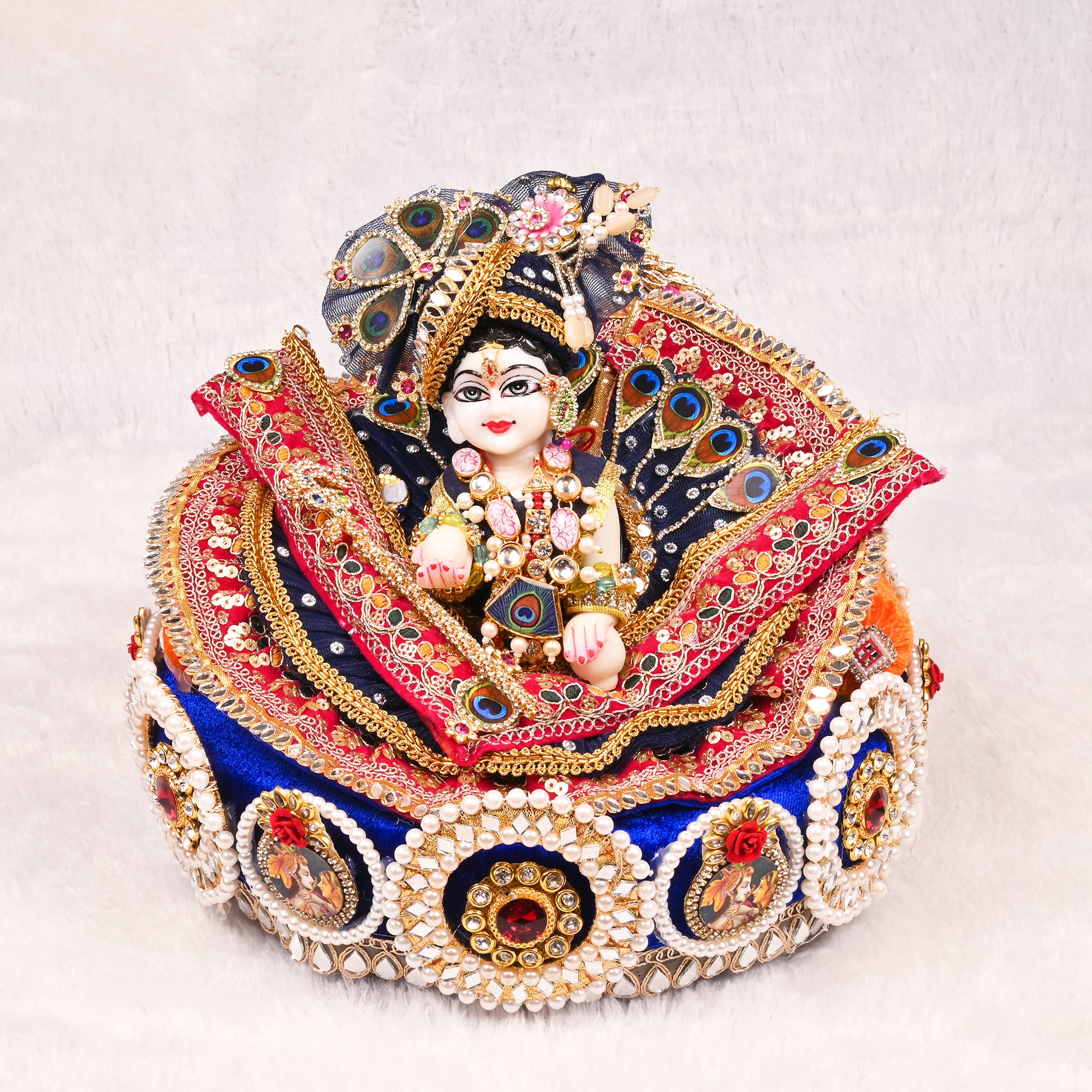 Laddu Gopal Singhasan Blue and Orange Elephant Design with Decorative Arch