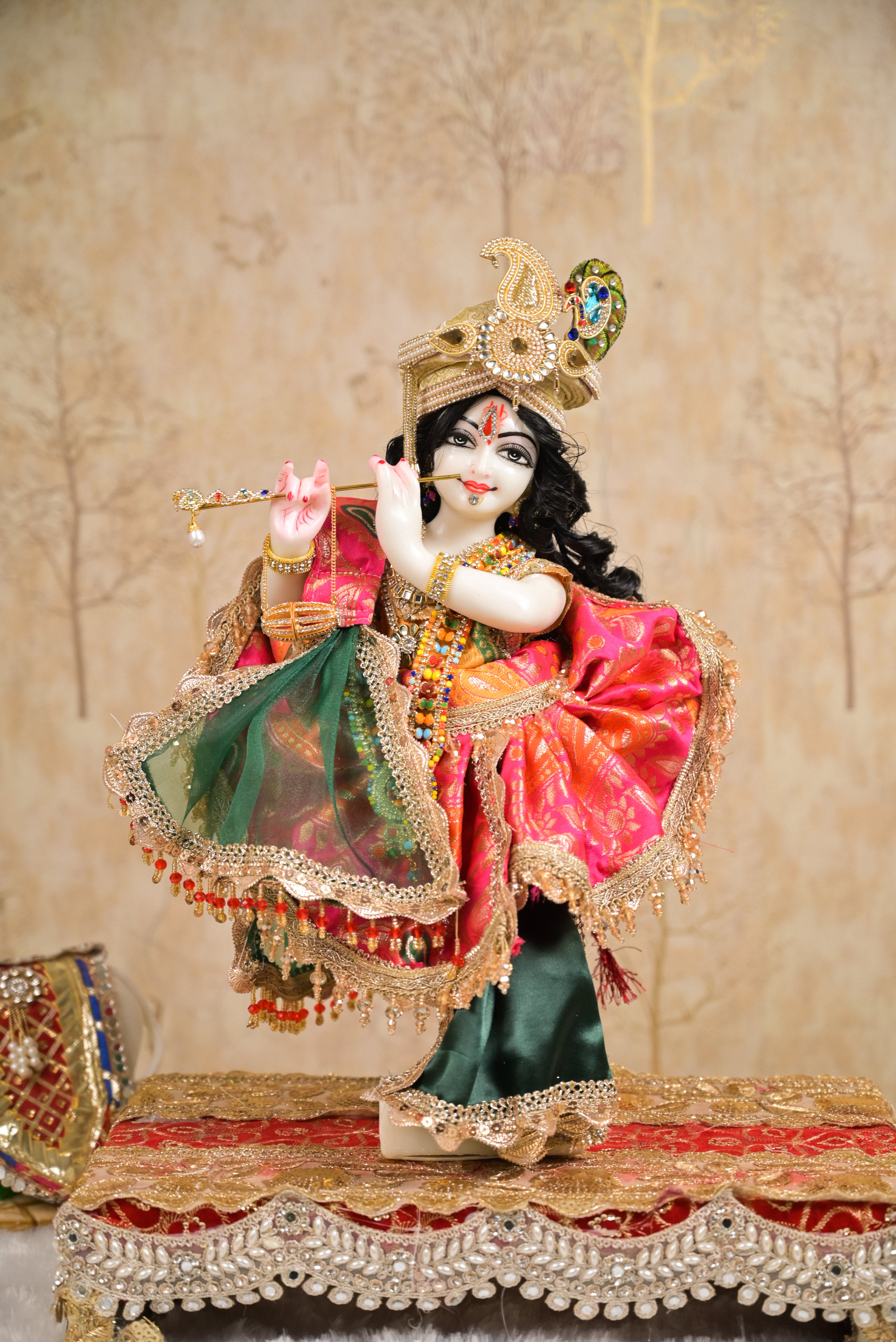 Radha Krishna Royal Yugal Jodi Poshak | Pure Banarsi Premium Silk | Pink, Mustard Yellow & Green