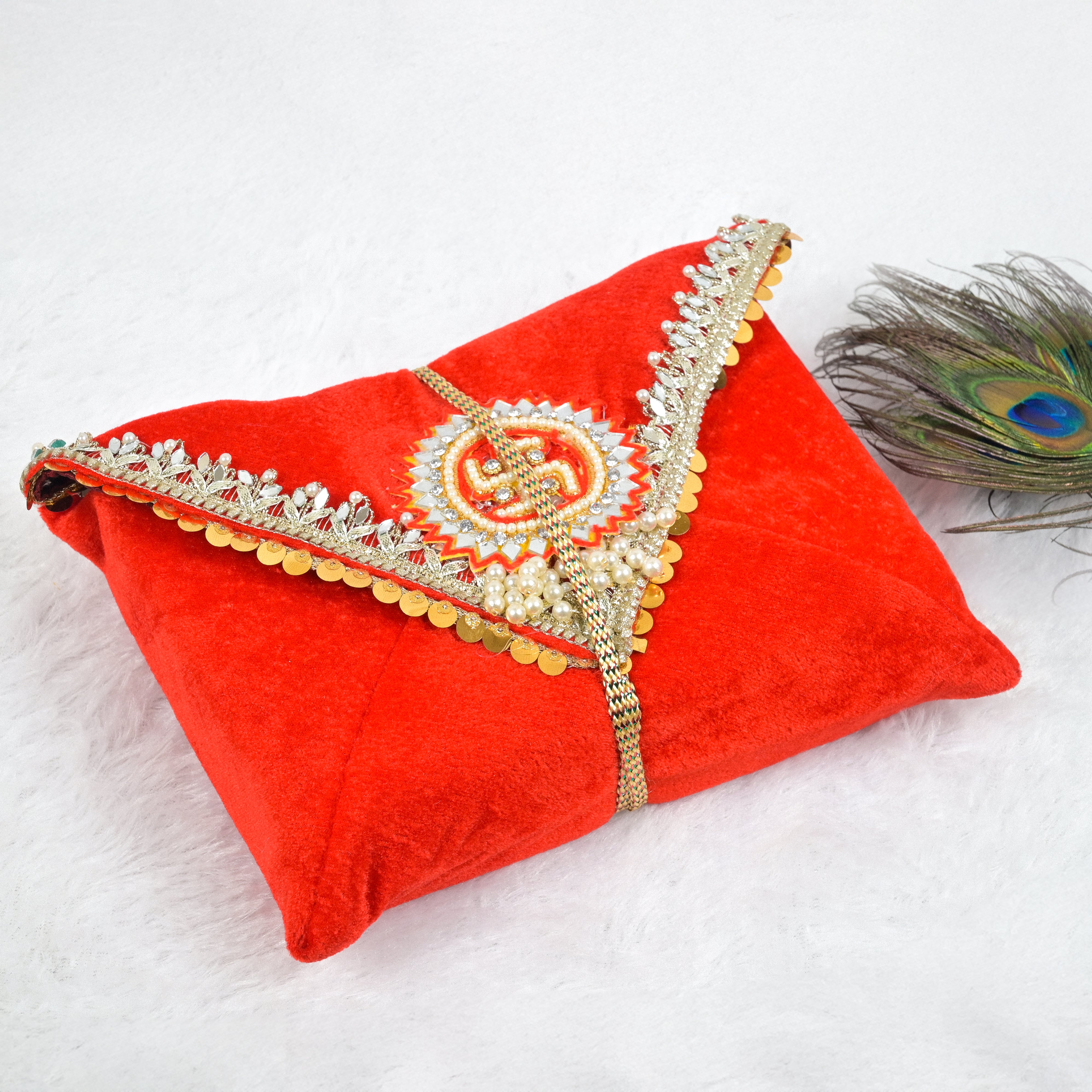 Swastik Embroidered Pothi Cover with Mirror & Pearl Work