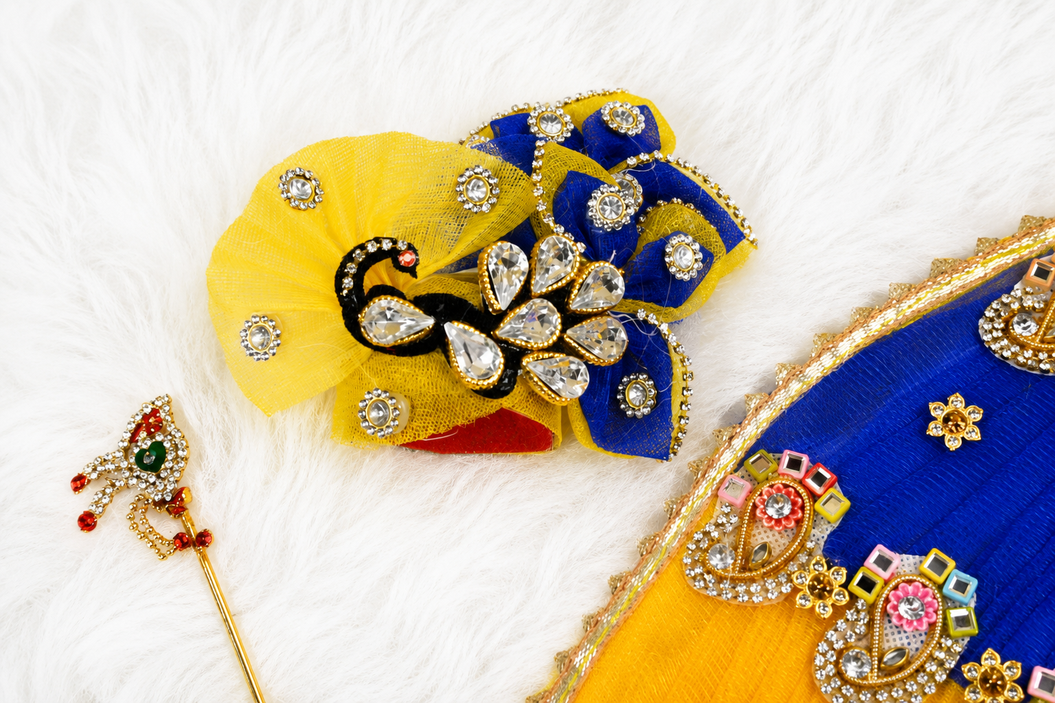 Yellow & Blue Patka Style Kundan Net Laddu Gopal Poshak