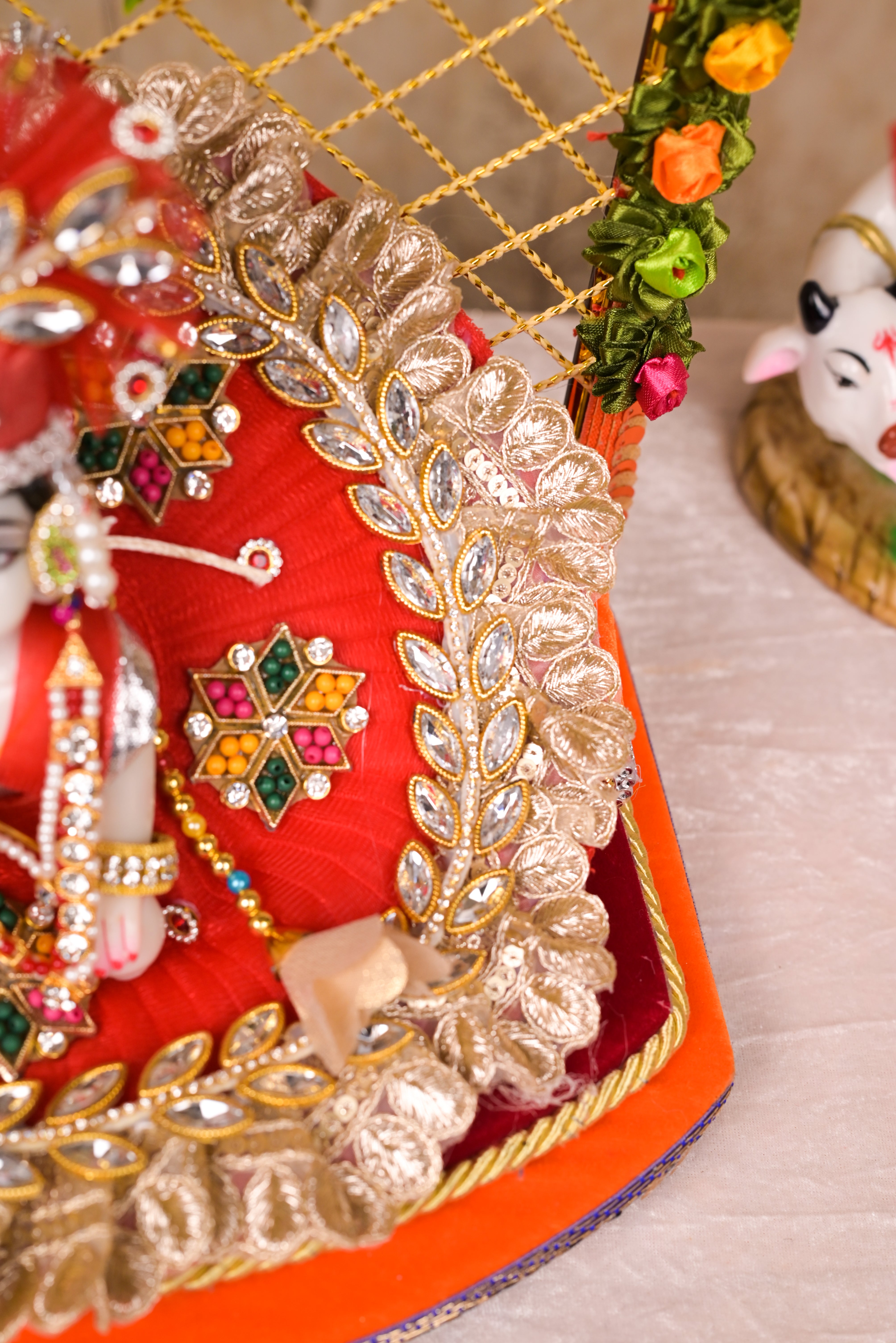 Red Kundan Net Laddu Gopal Poshak with Pearl Patka
