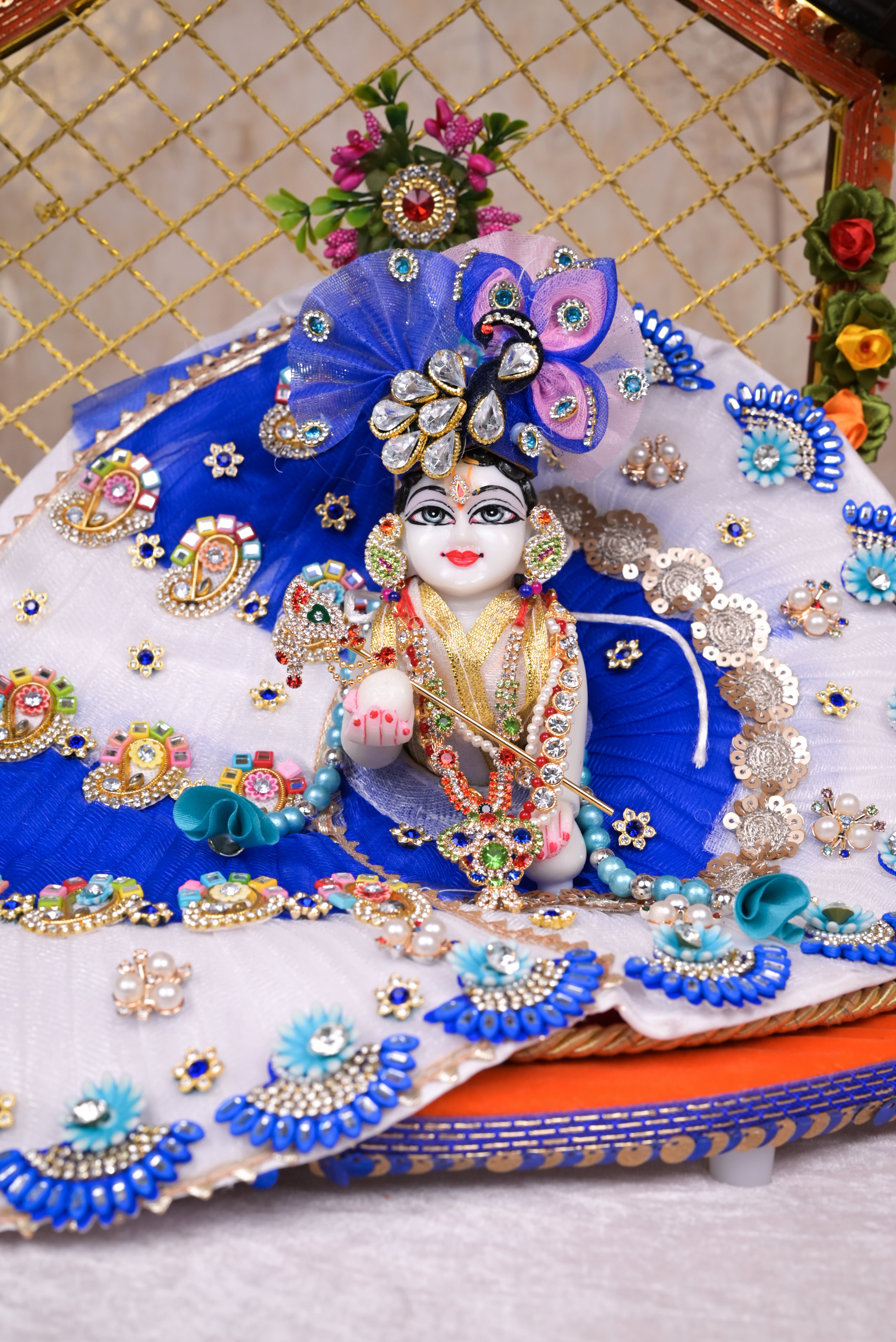 White & Blue Patka Style Kundan Net Laddu Gopal Poshak