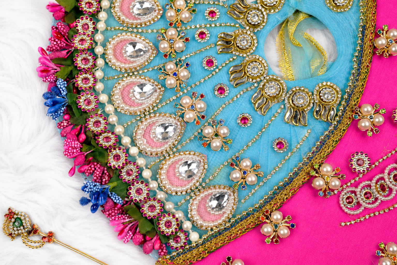 Pink & Sky Blue Moon Style Kundan Net Laddu Gopal Poshak