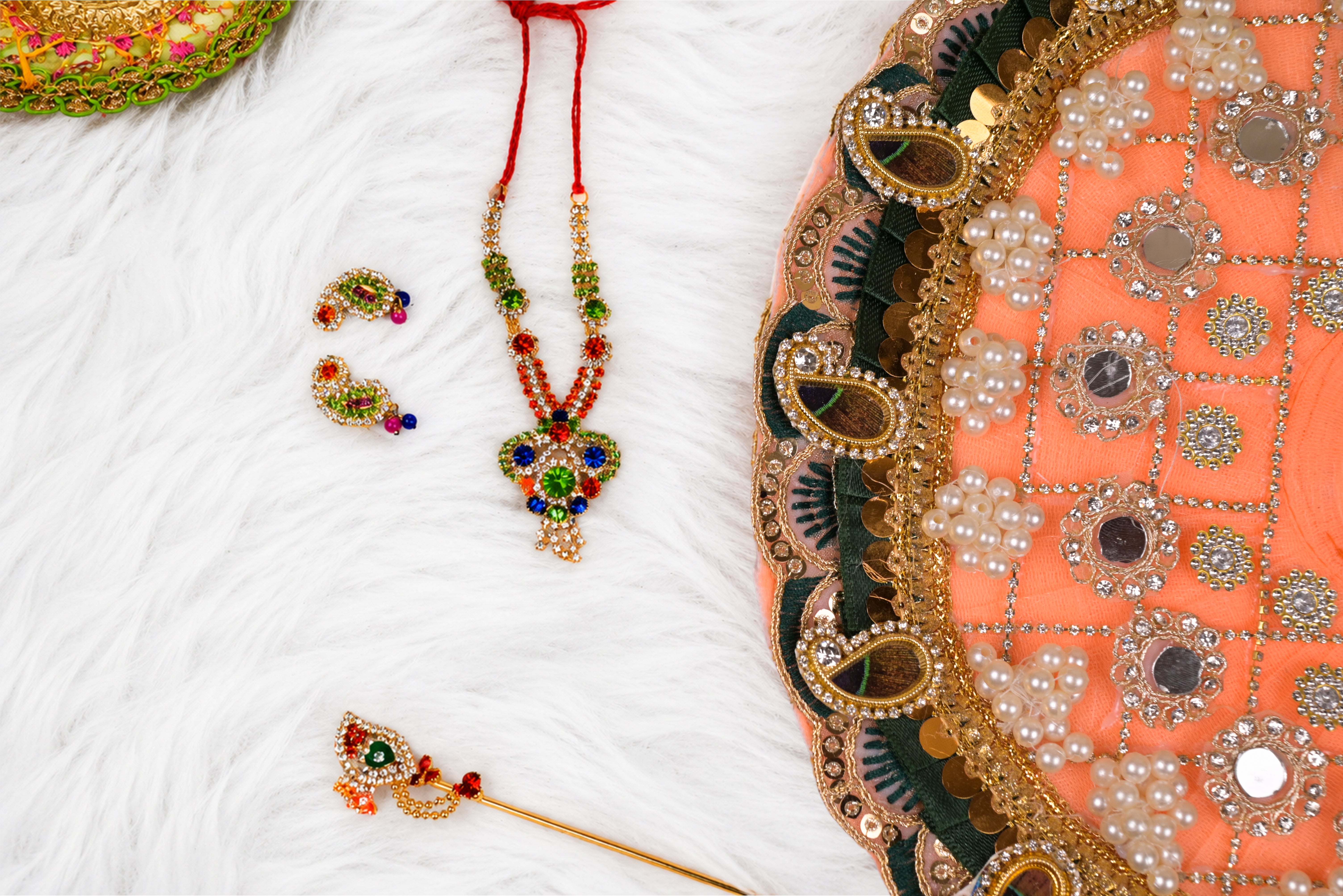 Peach & Green Mor Pankhi Kundan Net Laddu Gopal Poshak
