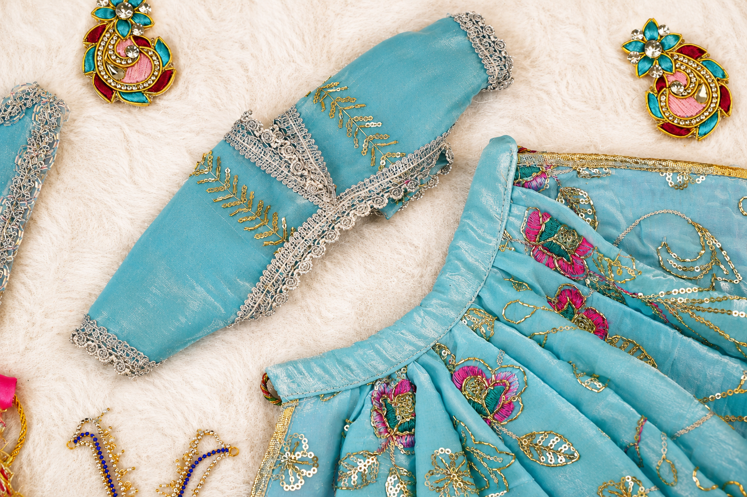 Radha Krishna Poshak | Sea Blue & Pink Silk