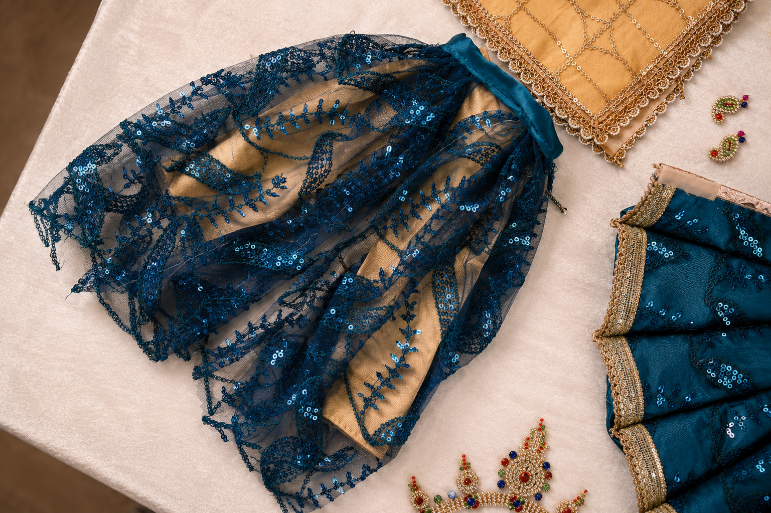 Radha Krishna Poshak | Golden & Dark Blue Net