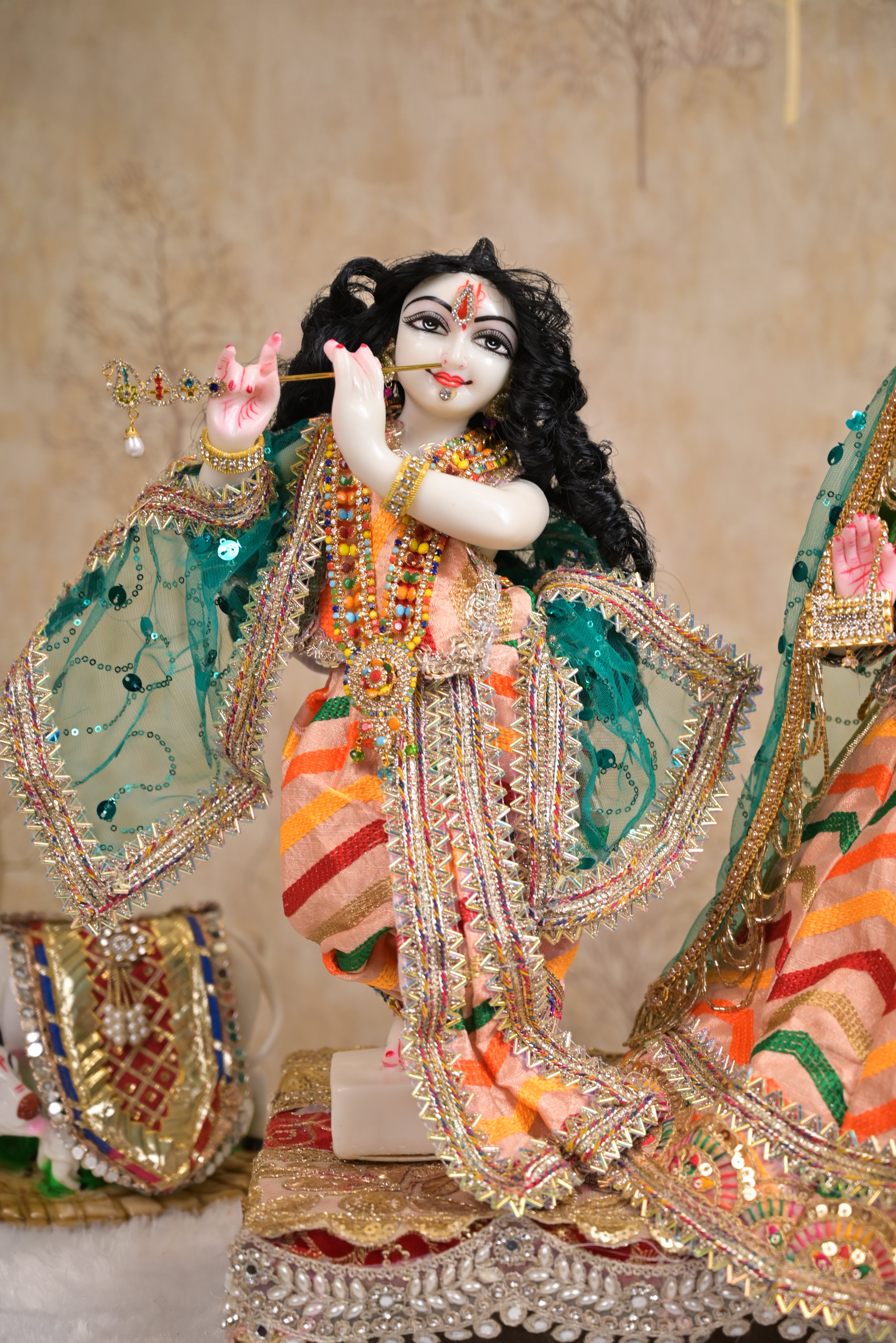 Radha Krishna Poshak | Peach, Pink & Green Silk