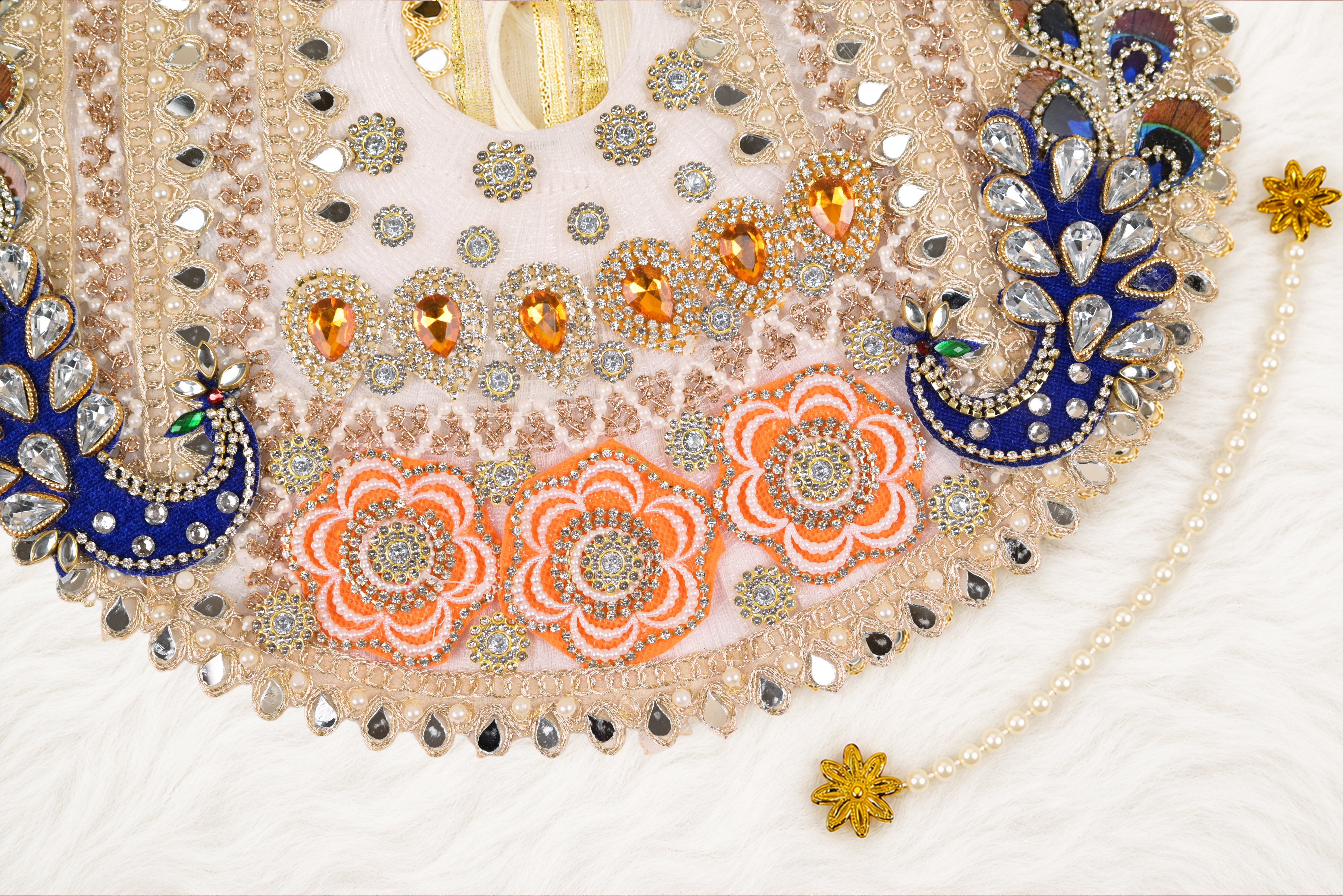 White Peacock Kundan Net Laddu Gopal Poshak with Pearl Patka