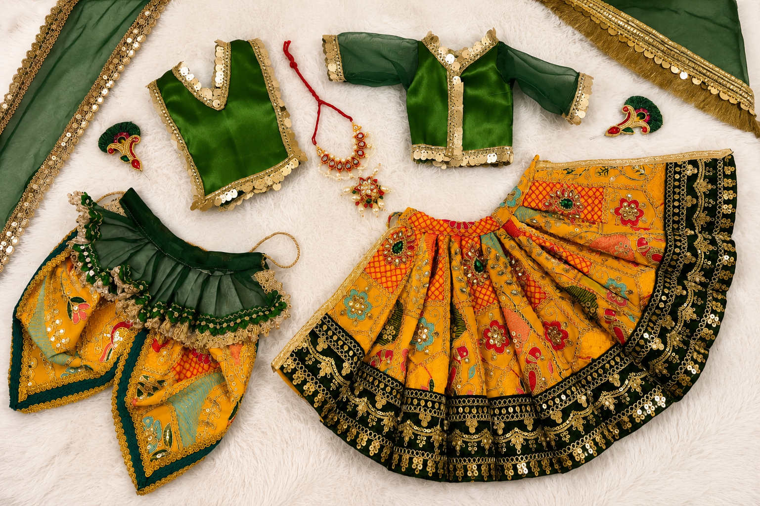 Radha Krishna Poshak | Yellow, Green & Pink Georgette