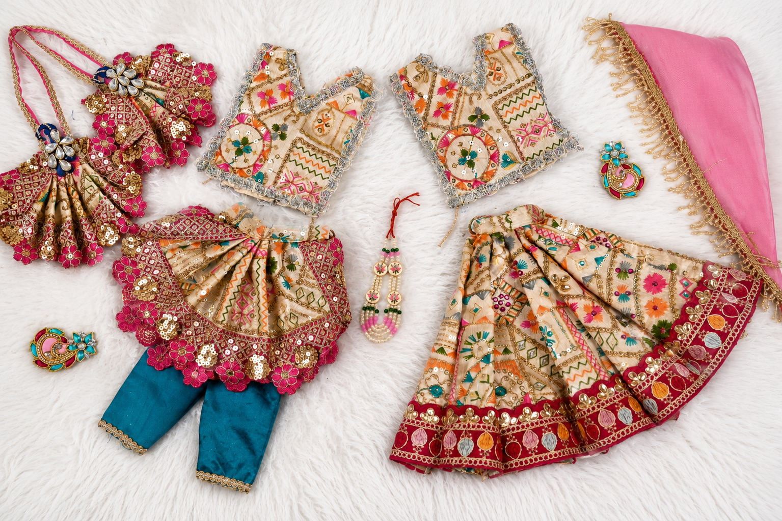 Radha Krishna Poshak | Light Golden & Pink Silk