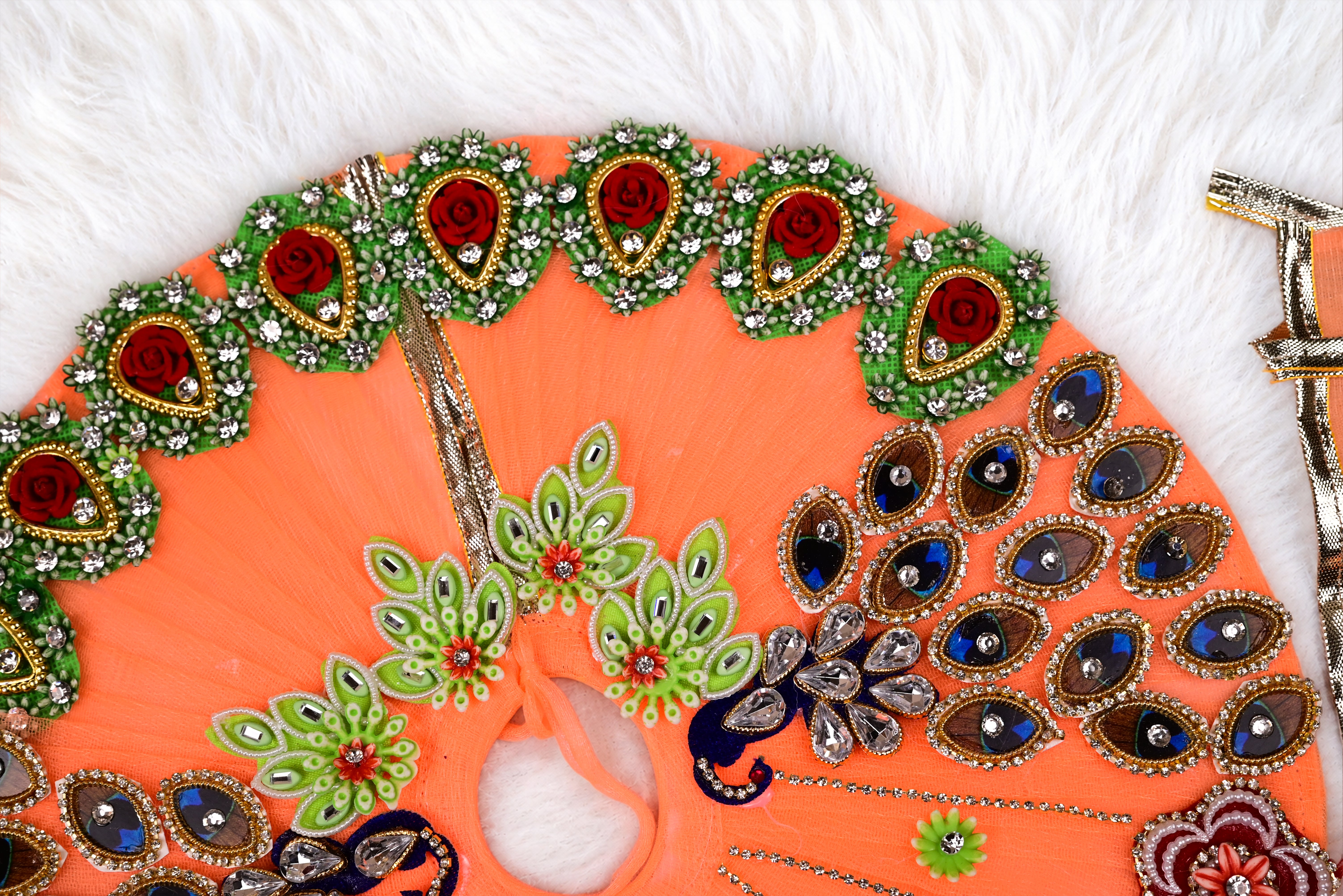 Peach Peacock Style Kundan Net Laddu Gopal Poshak