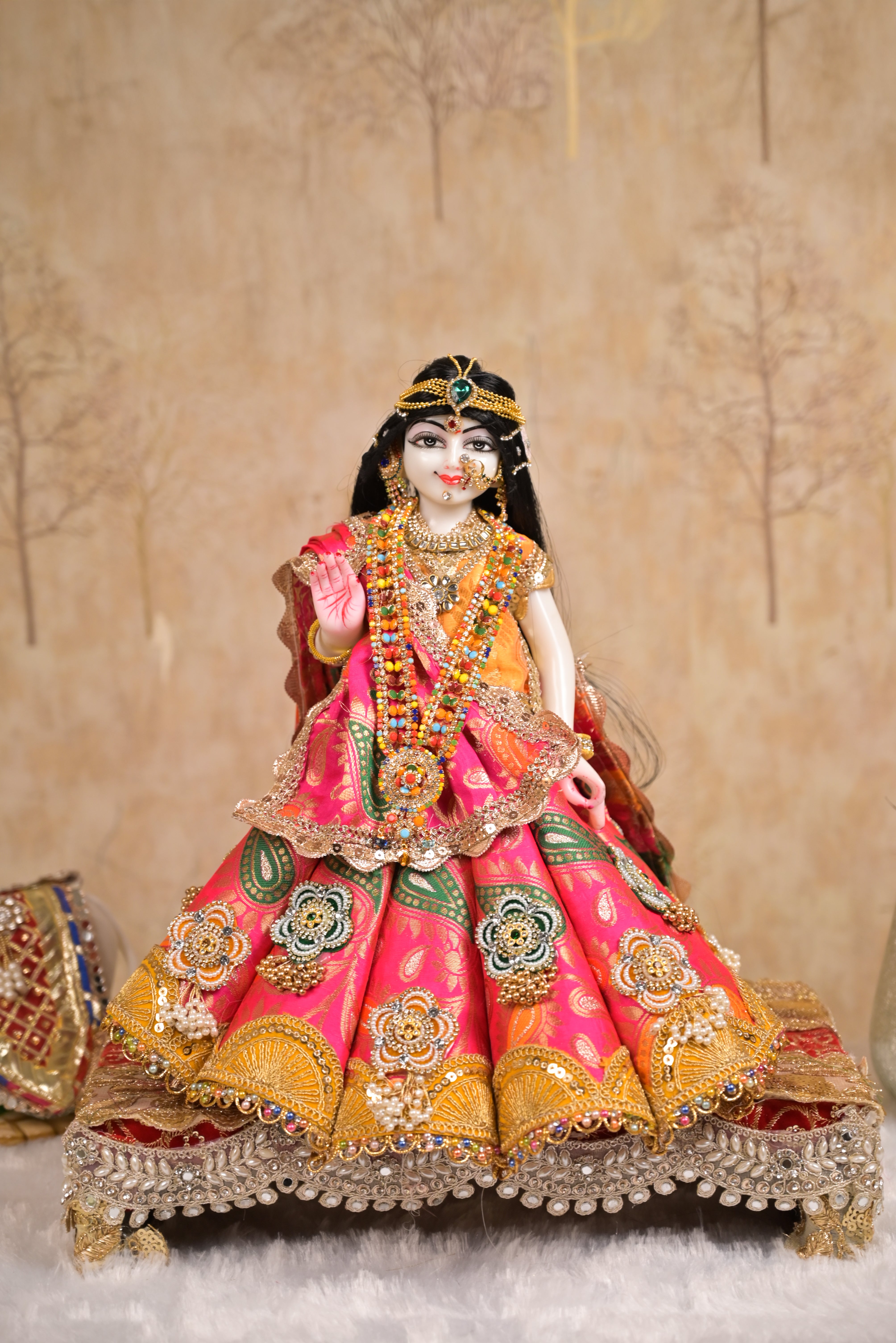 Radha Krishna Royal Yugal Jodi Poshak | Pure Banarsi Premium Silk | Pink, Mustard Yellow & Green