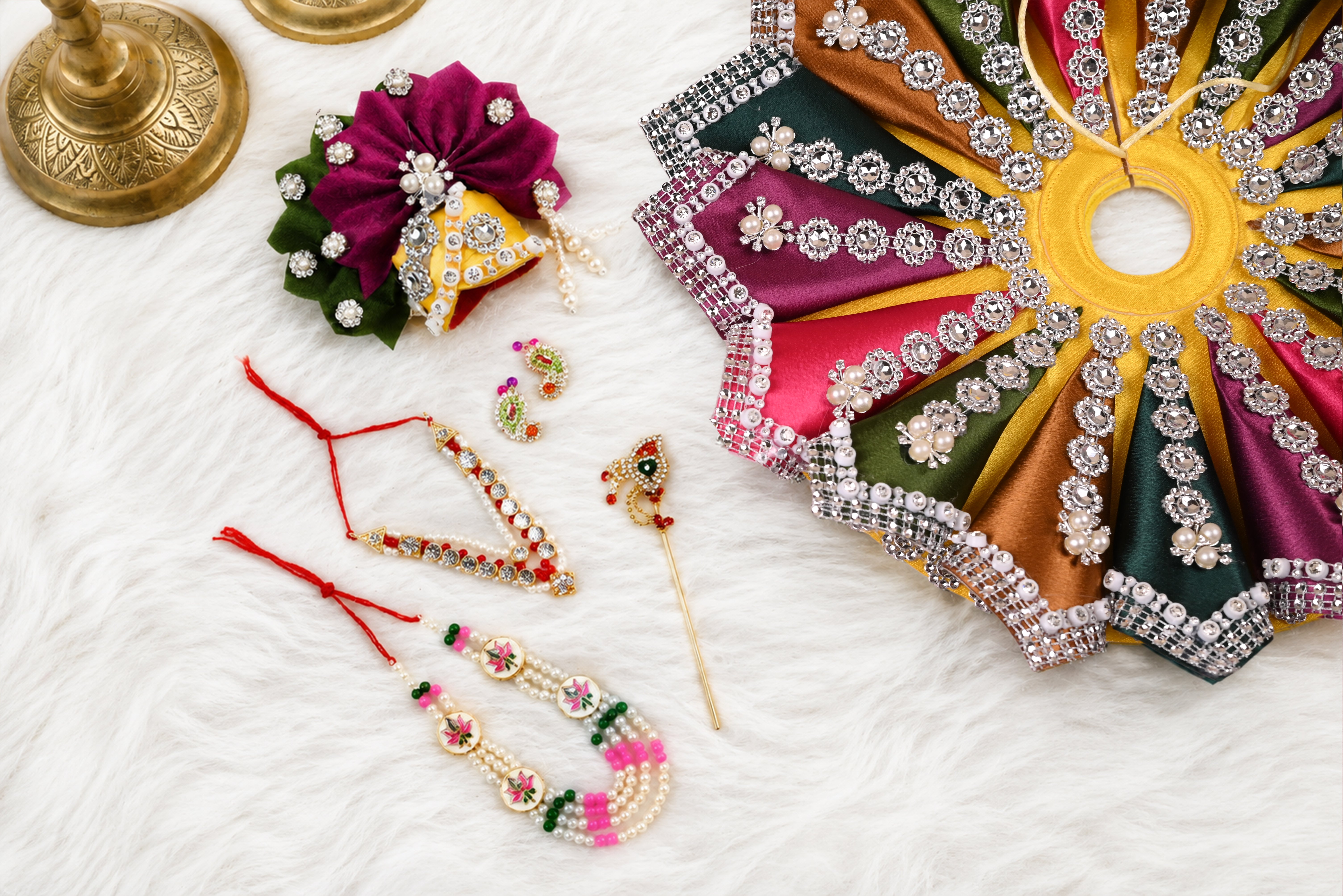Multi-Colour Cone Style Silk Kundan Laddu Gopal Poshak