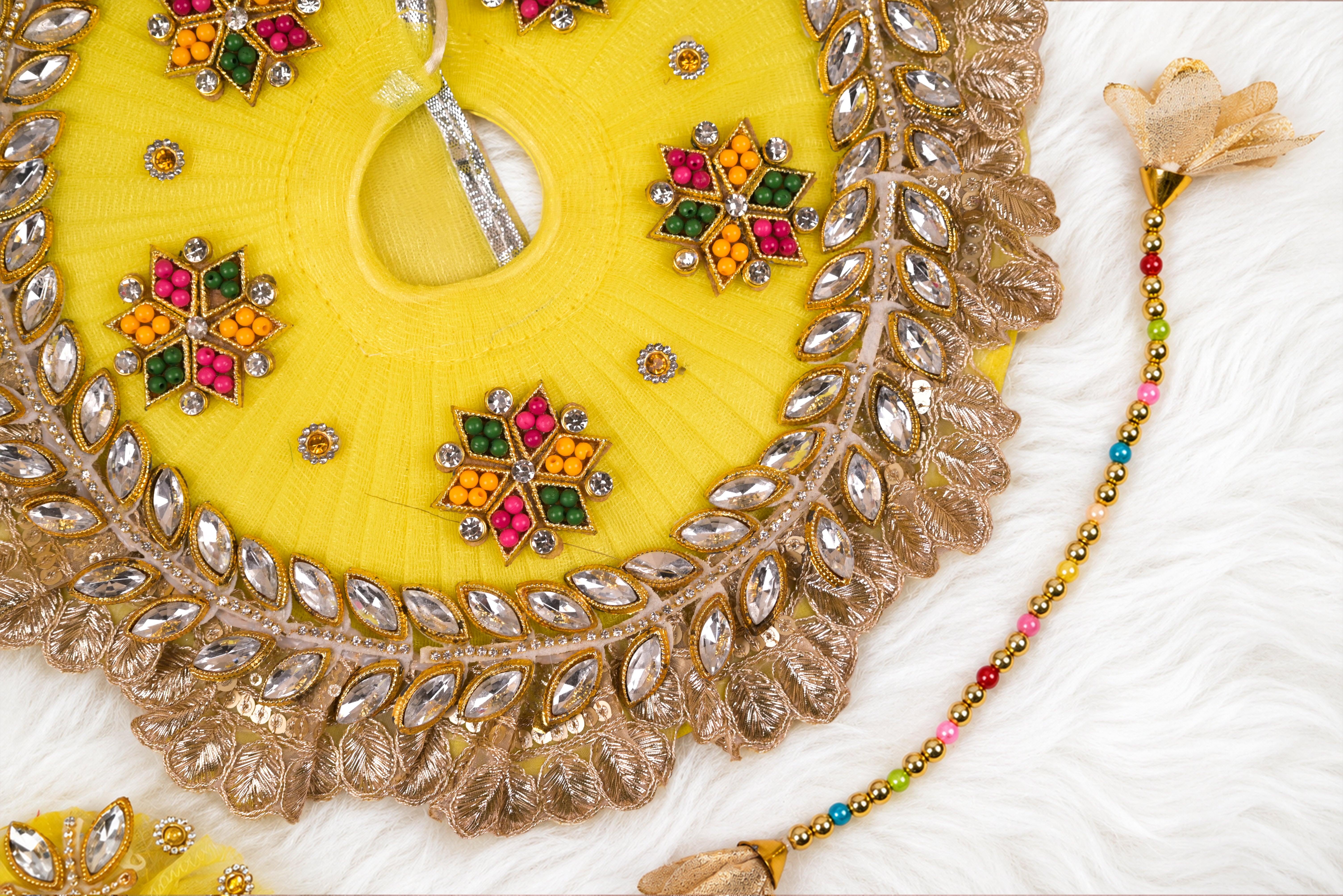 Yellow Kundan Net Laddu Gopal Poshak with Pearl Patka