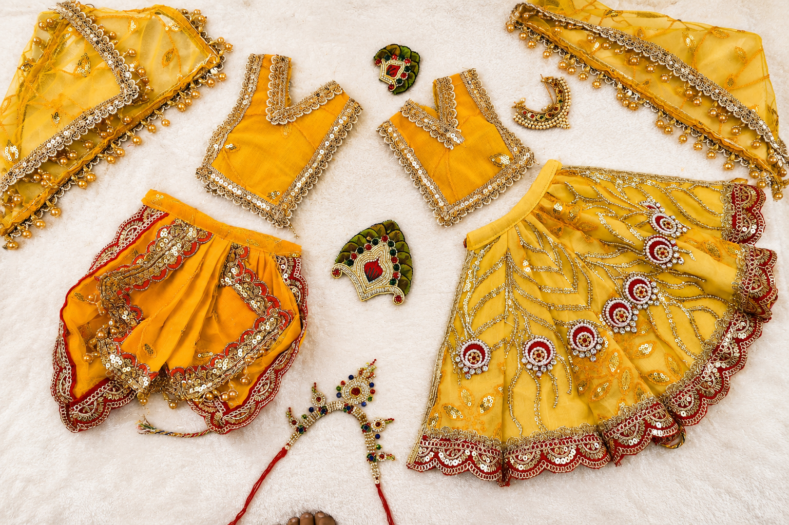 Radha Krishna Poshak | Yellow & Red Net