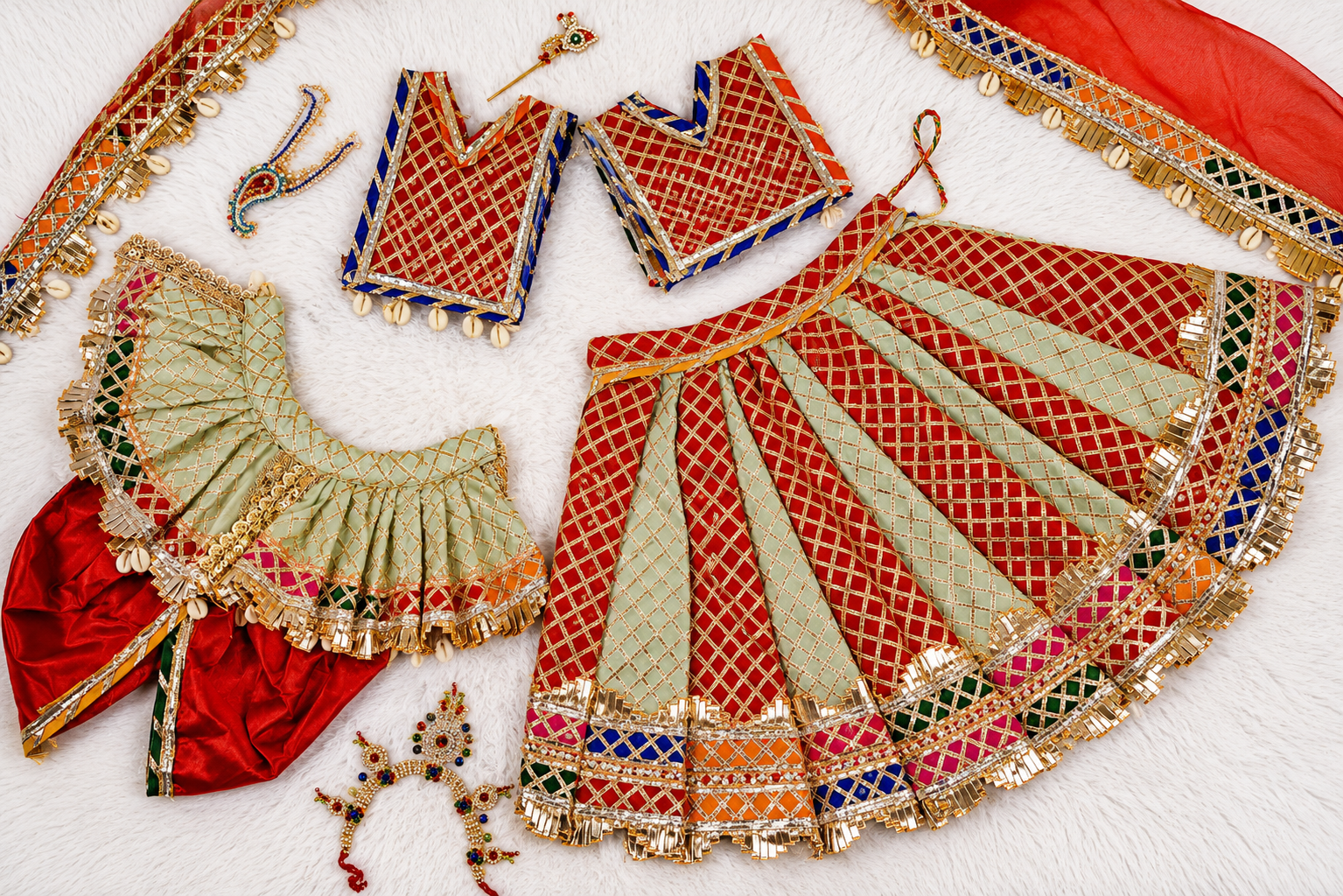 Radha Krishna Poshak | Orange, Green & Golden Silk